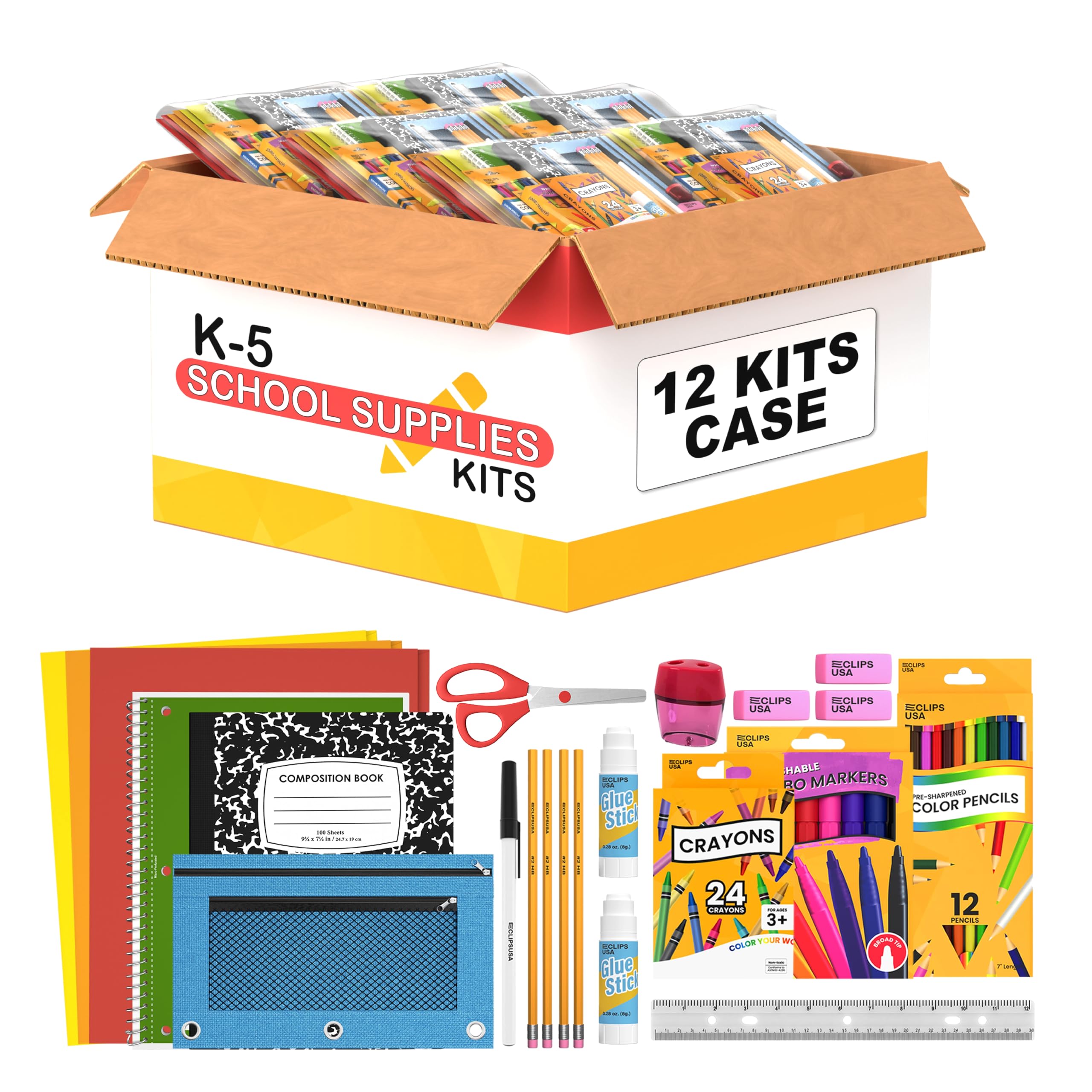 School Supplies for Kids (12 Kits Bulk), Back to School Supply Box, Supplies for Girls Or Boys, Supplies Bundle Kit (12)