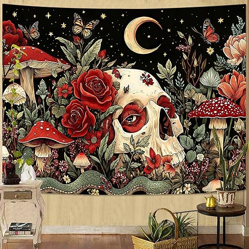 Miniatura 12 de Kanuyee Tapiz de calavera y mariposa, tapiz floral gótico para colgar en la pared para dormitorio, decoración de habitación rosa para dormitorio