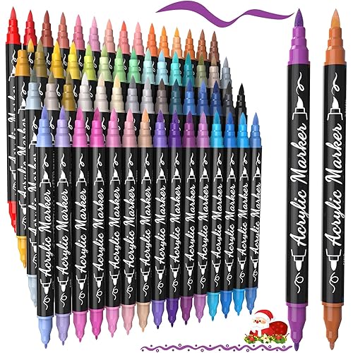 60 Colors Acrylic Paint Markers - Waterproof Dual Tip Acrylic Paint Pens with Brush & Fine Tip Professional Marker Set Scrapbook Markers for Paper Rock Wood Fabric Glass Ceramic and DIY Crafts