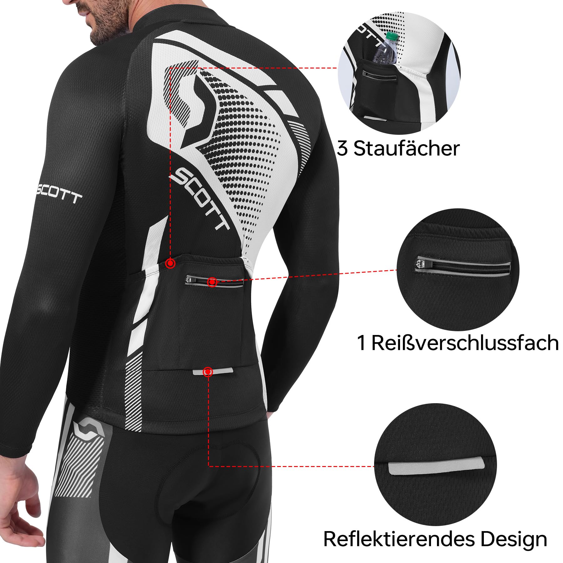 Ciclismo Uomo Set Maniche Lunghe Pantaloncini 5D Imbottiti | Maglia Bici Corsa Tuta Ciclismo Autunno-Inverno Tasca con Cerniera Inserti Riflettenti Nastro Antiscivolo Sui Polsini