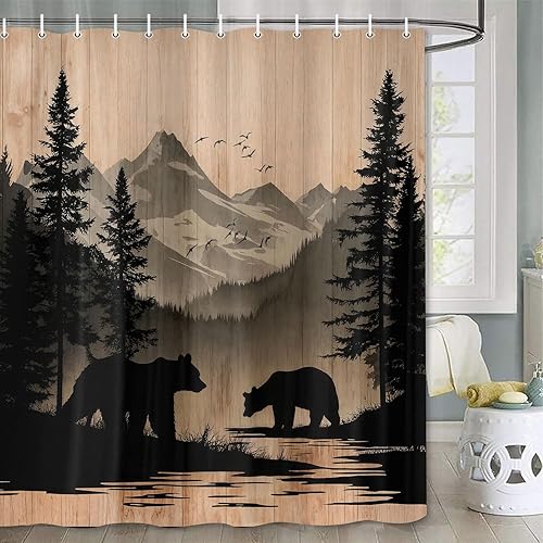 Miniatura 8 de Cortina de ducha con diseño de oso y bosque, cortinas de ducha de animales para baño, cornamenta de alce gris, pino, ciervo, bosque, decoración de