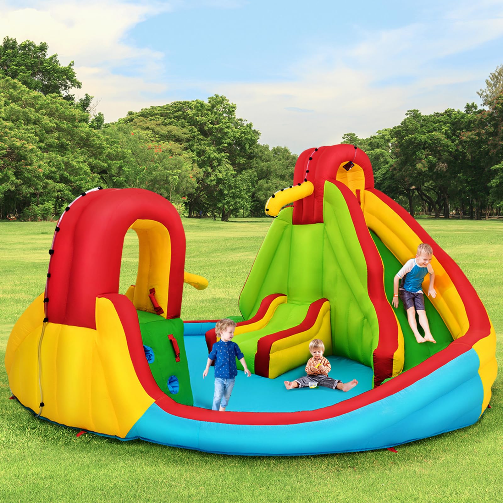 FANTASK Aufblasbare Hüpfburg, 511 x 400 x 240 cm, Wasserhüpfburg für Kinder mit Wasserrutsche, Kletterwand, Planschbecken, Wasserkanone & Basketballkorb, Wasserpark für Außenbereich