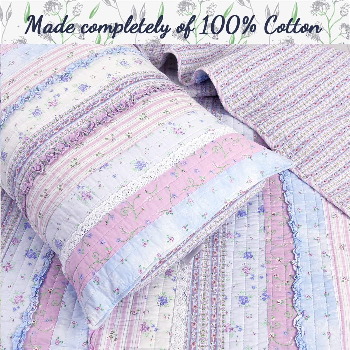 Lavender and Blue Cotton Reversible Full Quilt Set