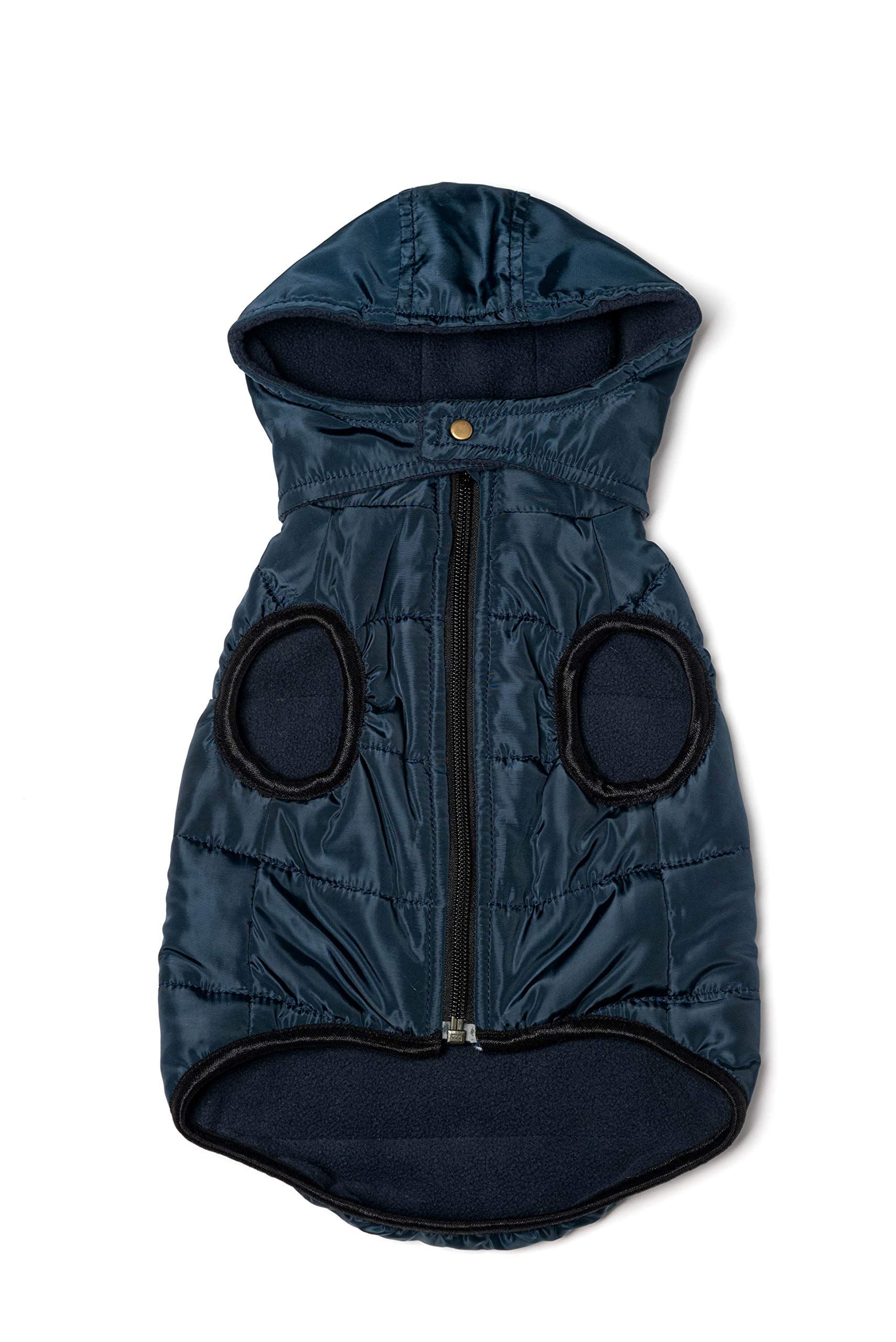 Dog Puffer Vest Navy with Bronze Accent - Sizes XS to XL - Removable Hoodie - Water Resistant - Warm Winter Dog Vest with Pockets - Dog Vest Blue Collection by Ellie Dog Wear (L, Navy)