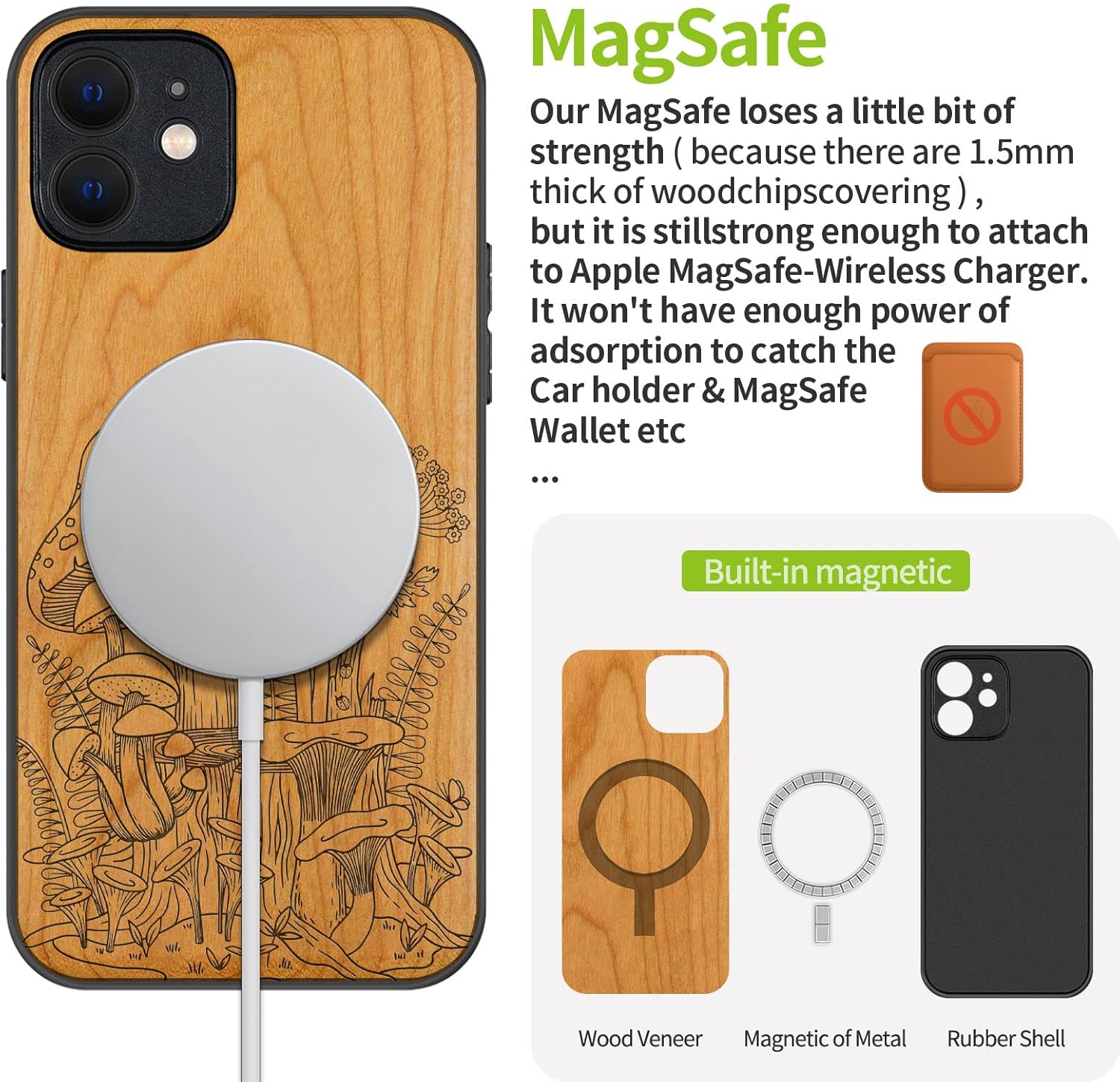 Carveit Magnetic Wood Case for iPhone 12 Case [Natural Wood & Black Soft TPU] Shockproof Protective Unique & Classy Wooden Cover Compatible with MagSafe (Mushroom -Cherry)