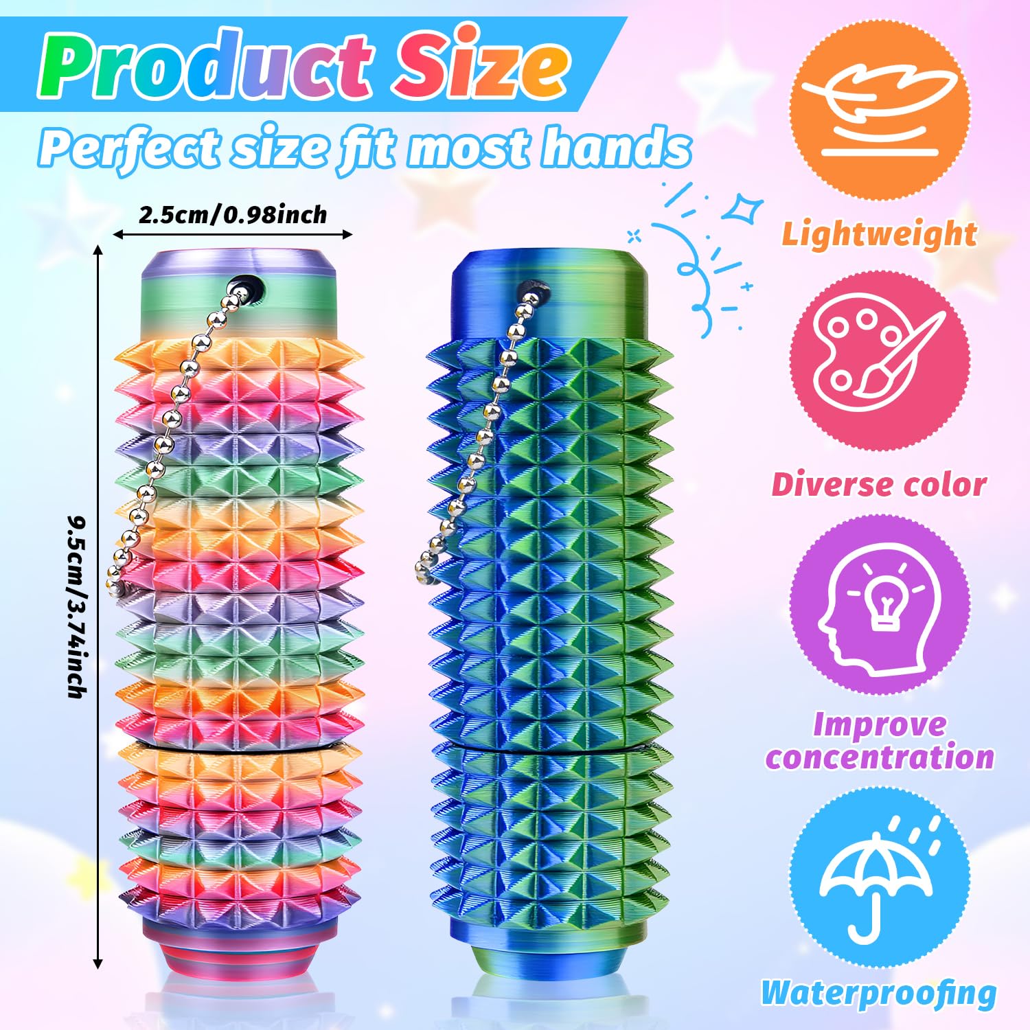 Little Ouchies Pain Fidget Toys, 2PCS Pain Stimming Fidgets with Click Button, 360 Rotation 3D Printed Fidget Toys for Adults & Kids, Spiky Grippie Keyring Toy for Anxiety Relief - Image 4