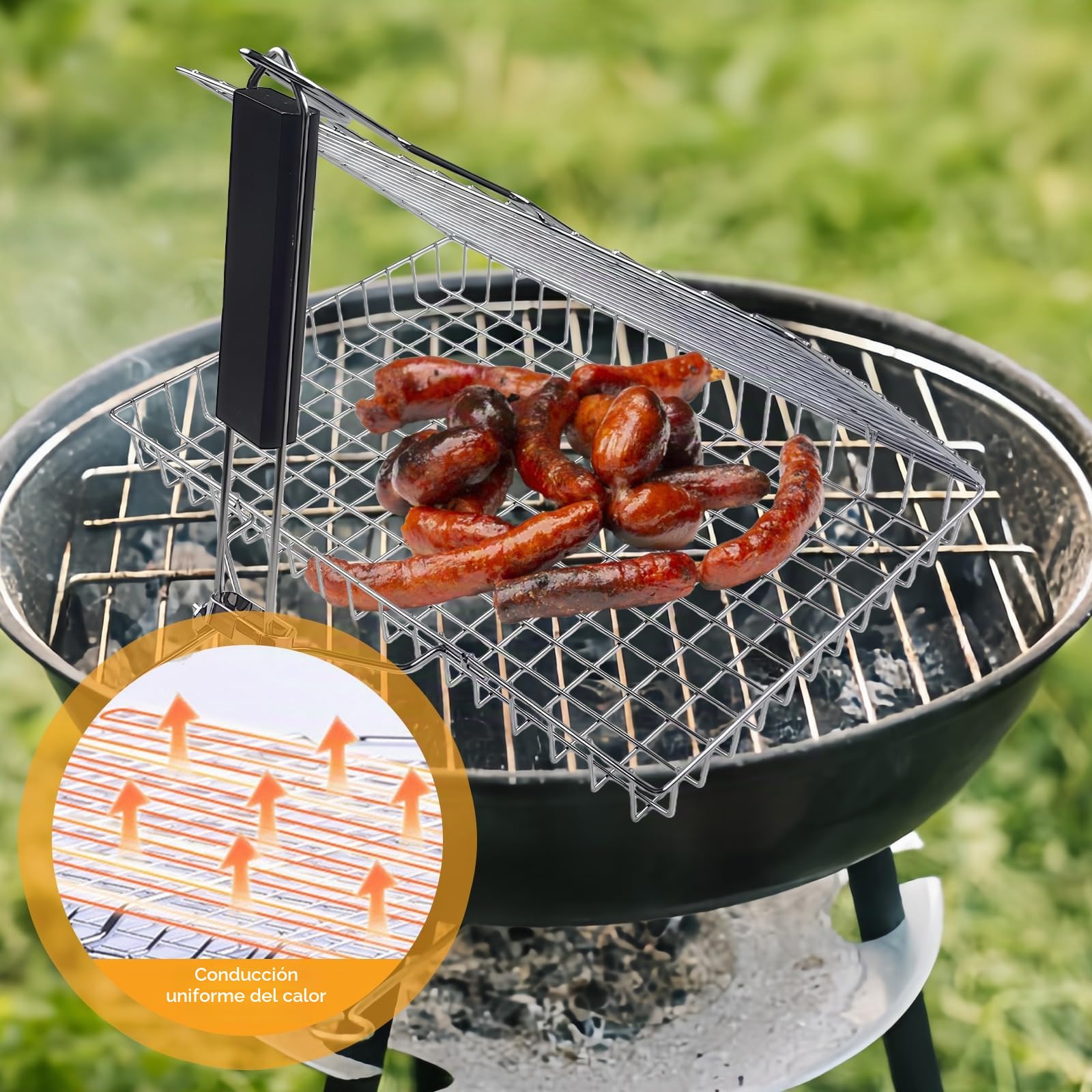 Rejilla para Barbacoa, Cesta de Parrilla de Barbacoa de Acero Inoxidable Portátil con Mango de Madera para Pescado, Verduras, Camarón, Carne