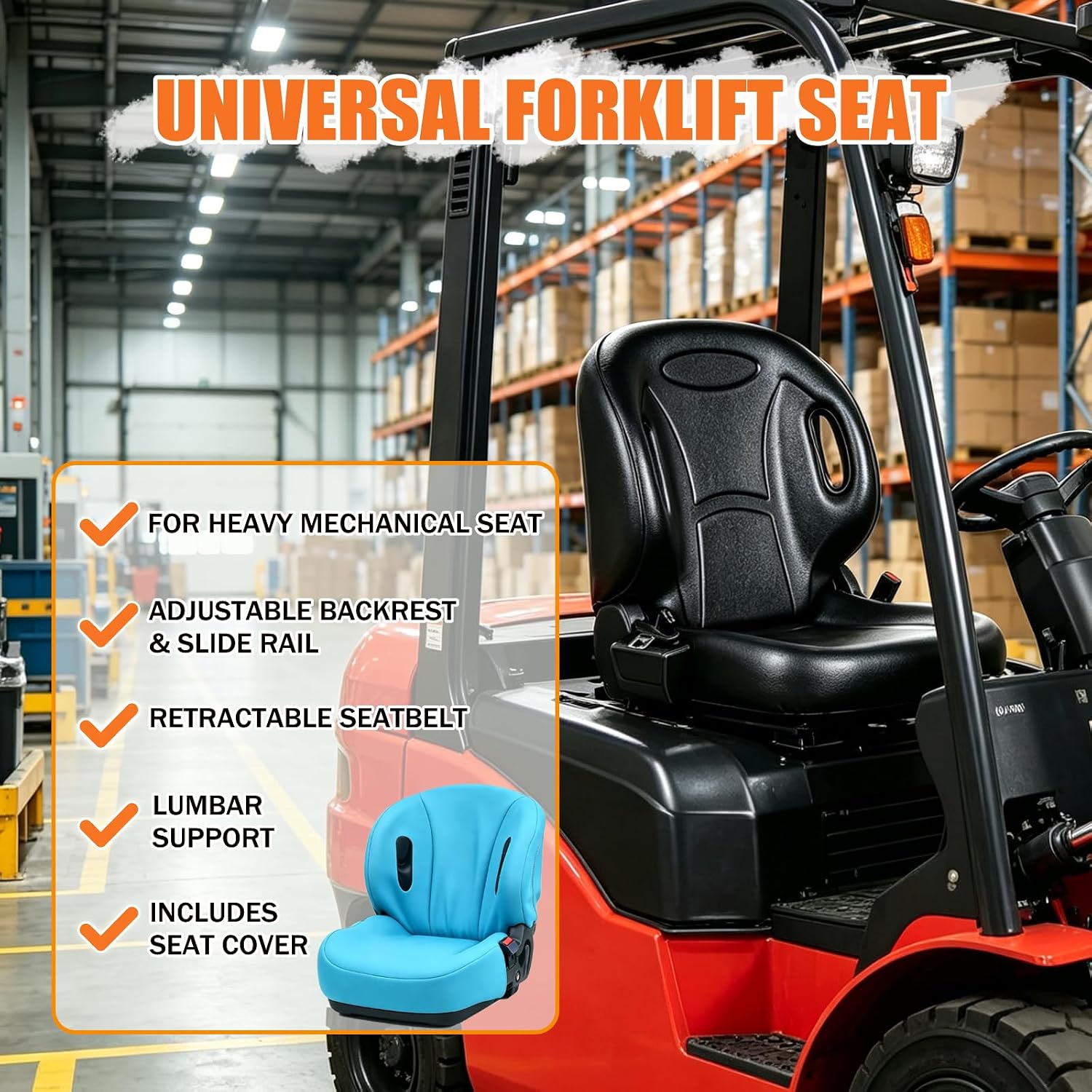 Universal Forklift Seat with Seat Cover, 70-115° Adjustable Back, 7" Slide Rail, Retractable Seatbelt, Lumbar Support for Toyota Forklift, Tractor, Excavator, Skid Loader, Backhoe, Dozer