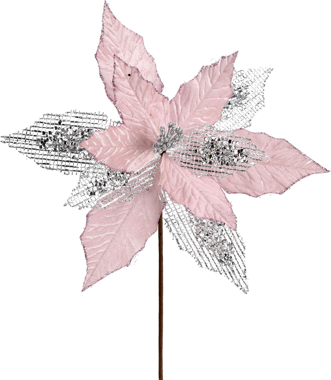 Vickerman 13" x 23" Pink Poinsettia Mesh Glitter Artificial Christmas Spray. Includes 6 Sprays per Pack.