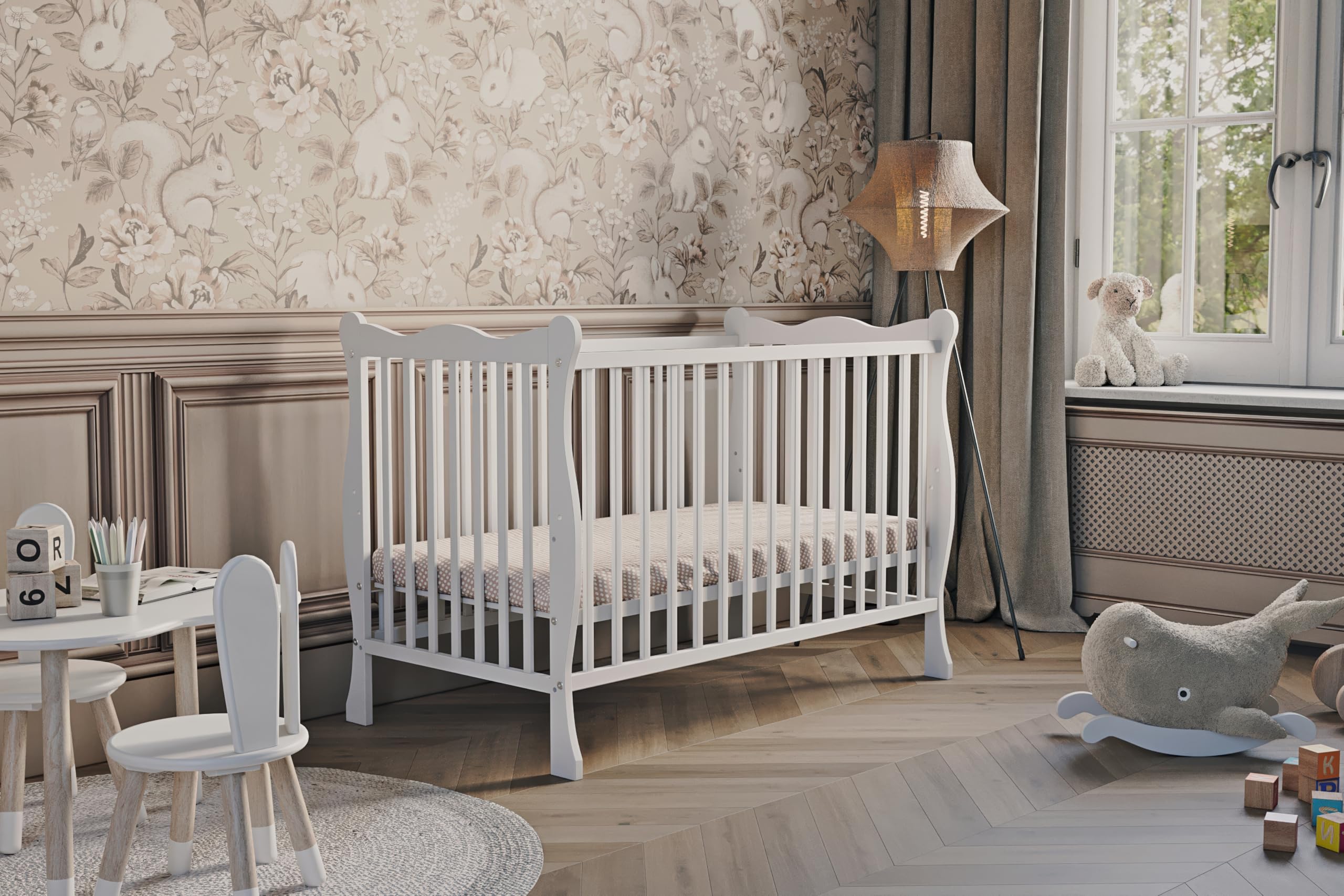 Cuna Julia, 60 x 120 cm, convertible en cama junior, 3 niveles de altura, 3 peldaños extraíbles, de madera (con lado de conversión + colchón de coco)
