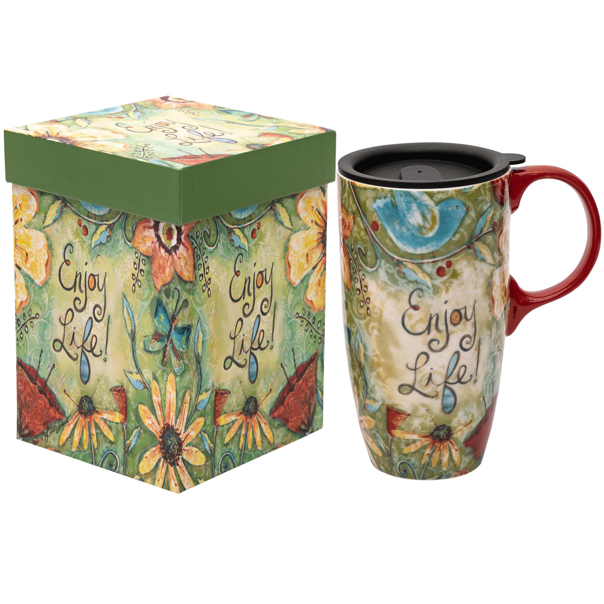 CEDAR HOME Coffee Ceramic Mug Porcelain Latte Tea Cup With Lid 17oz. Enjoy Life