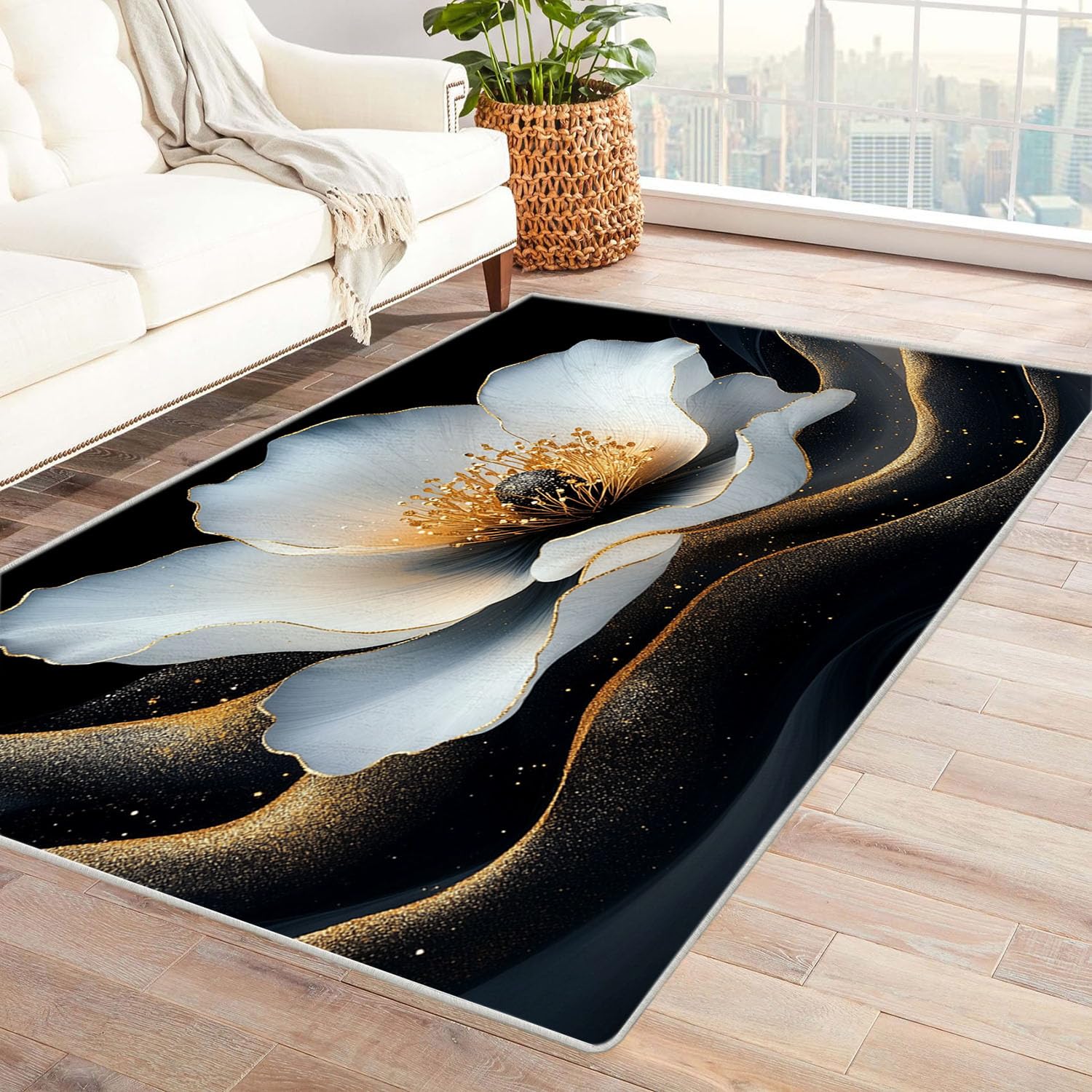 Tapis lavable en machine et antidérapant avec motif fleur abstrait