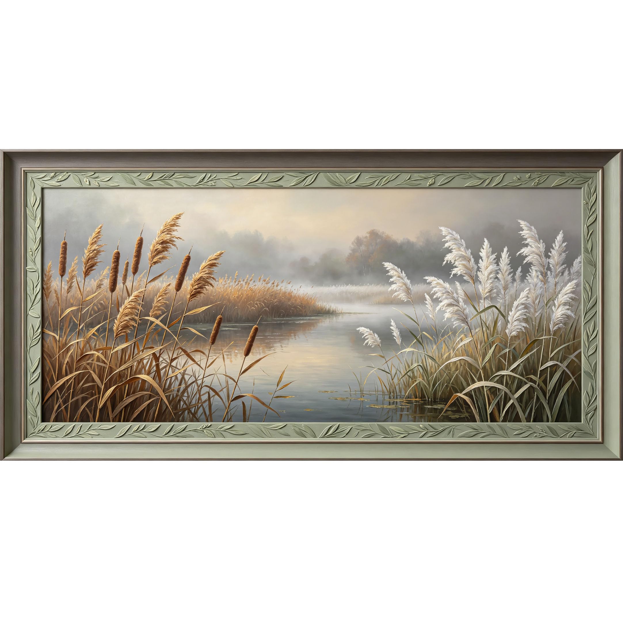 Agglomerix 3D Framed Wall Art Lake Mist Reeds Cattail Botanical Oil Painting Large Size SelfAdhesive Removable Wall Decor Prints Artwork for Living Room Bedroom Office