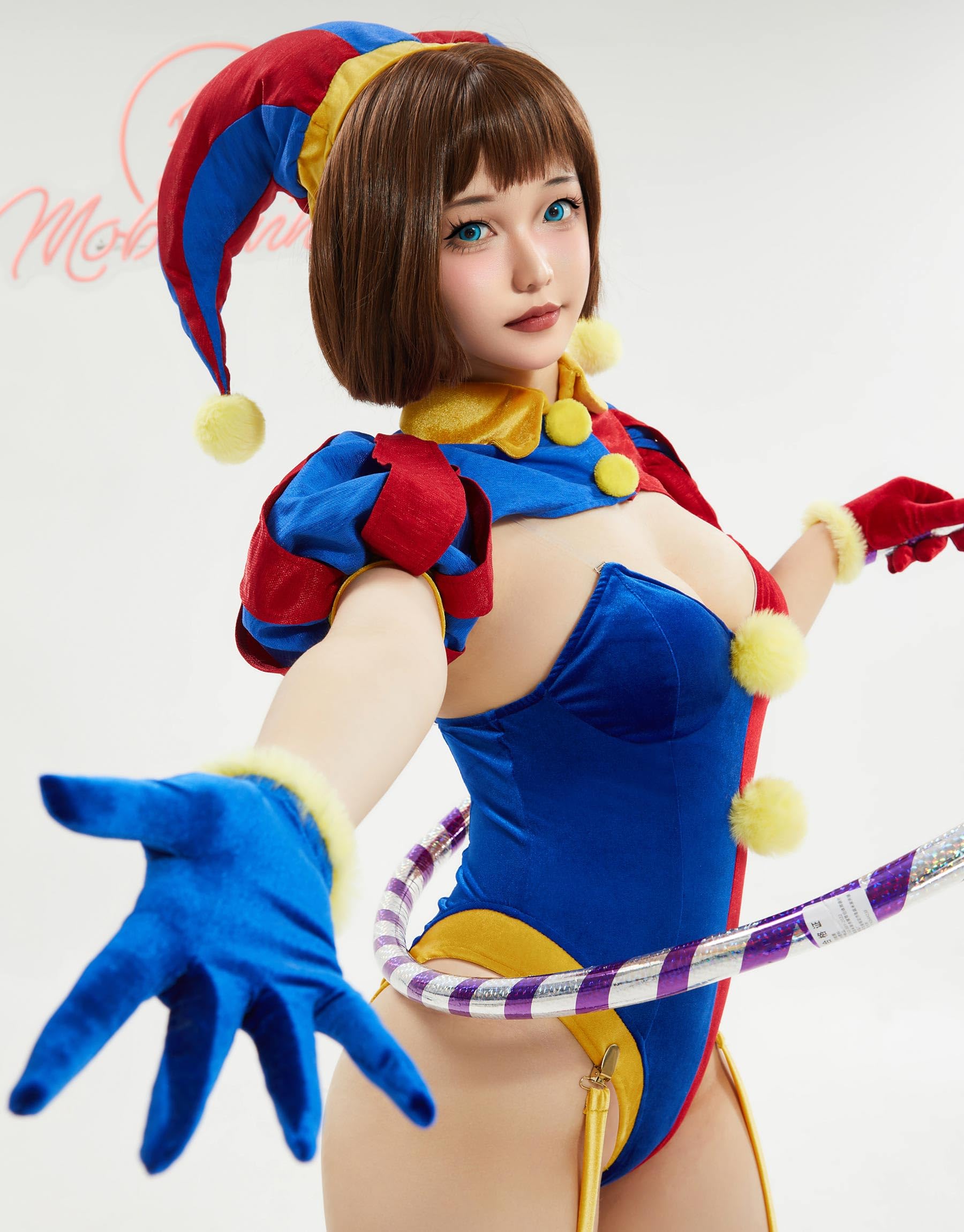 Mobbunny Women's Clown Cosplay Costume Circus Clown Bodysuit Blue Red Bodysuit and Mini Skirt with Gloves and Hat