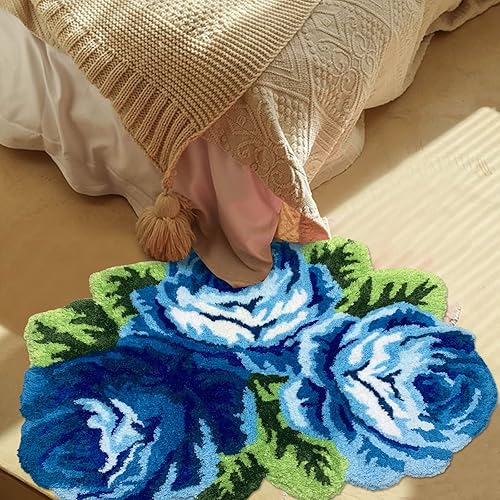 Miniatura 8 de Alfombrilla Abreeze con 4 rosas, alfombrillas con diseño de flores azul, hecha a mano, antideslizante (no se desliza), alfombrilla moderna, de puede