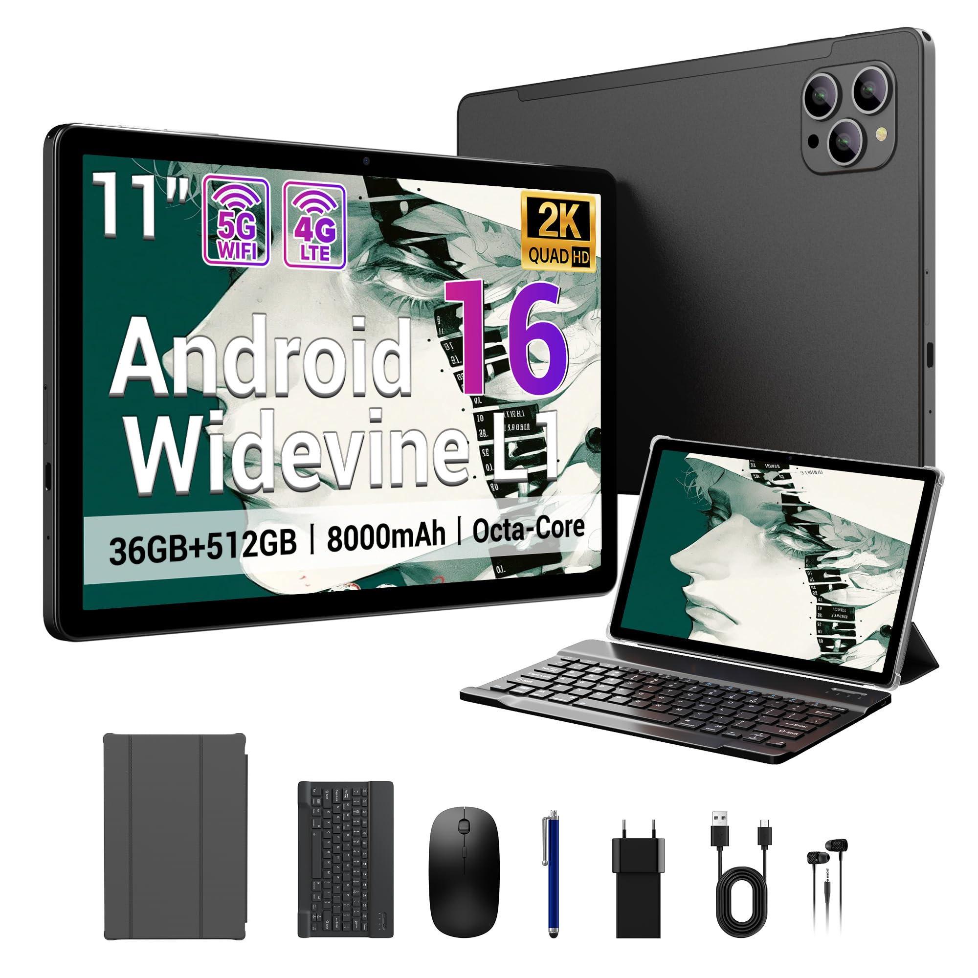 ANTIOXID Tablet 11 pollici Android 16 tablet con sim,Dual SIM 4G LTE 5G Wi-Fi,2,0GHz Octa-Core, 8000mAh, 36 GB RAM + 512GB, 2000x1200/GPS,tablet in offerta con tastiera
