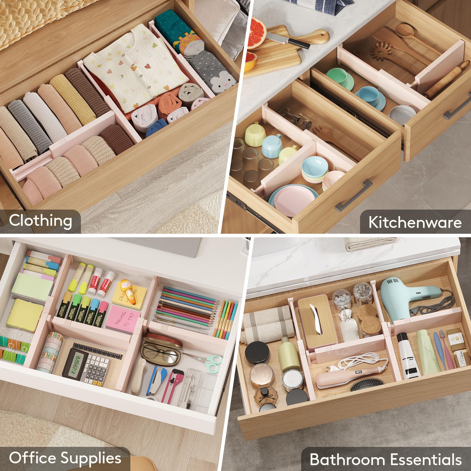 Lifewit Confezione da 9 divisori per cassetti alti 10,2 cm, regolabili da 27,9 a 43,2 cm, separatori espandibili per comò in camera da letto, bagno, cucina, frigorifero, ufficio, organizzazione e
