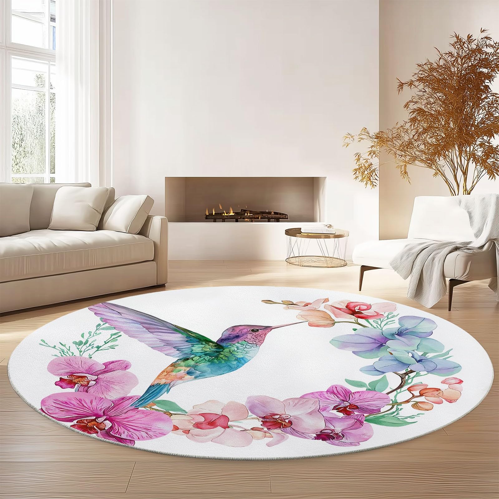 Generisch Aquarell Kolibri Orchidee Runder Teppich Wohnzimmer, Weiß Style Schlafzimmer Dekoration Teppich Teenager Männer Gaming Zone Rugs Mat rutschfest Washable, 120 cm