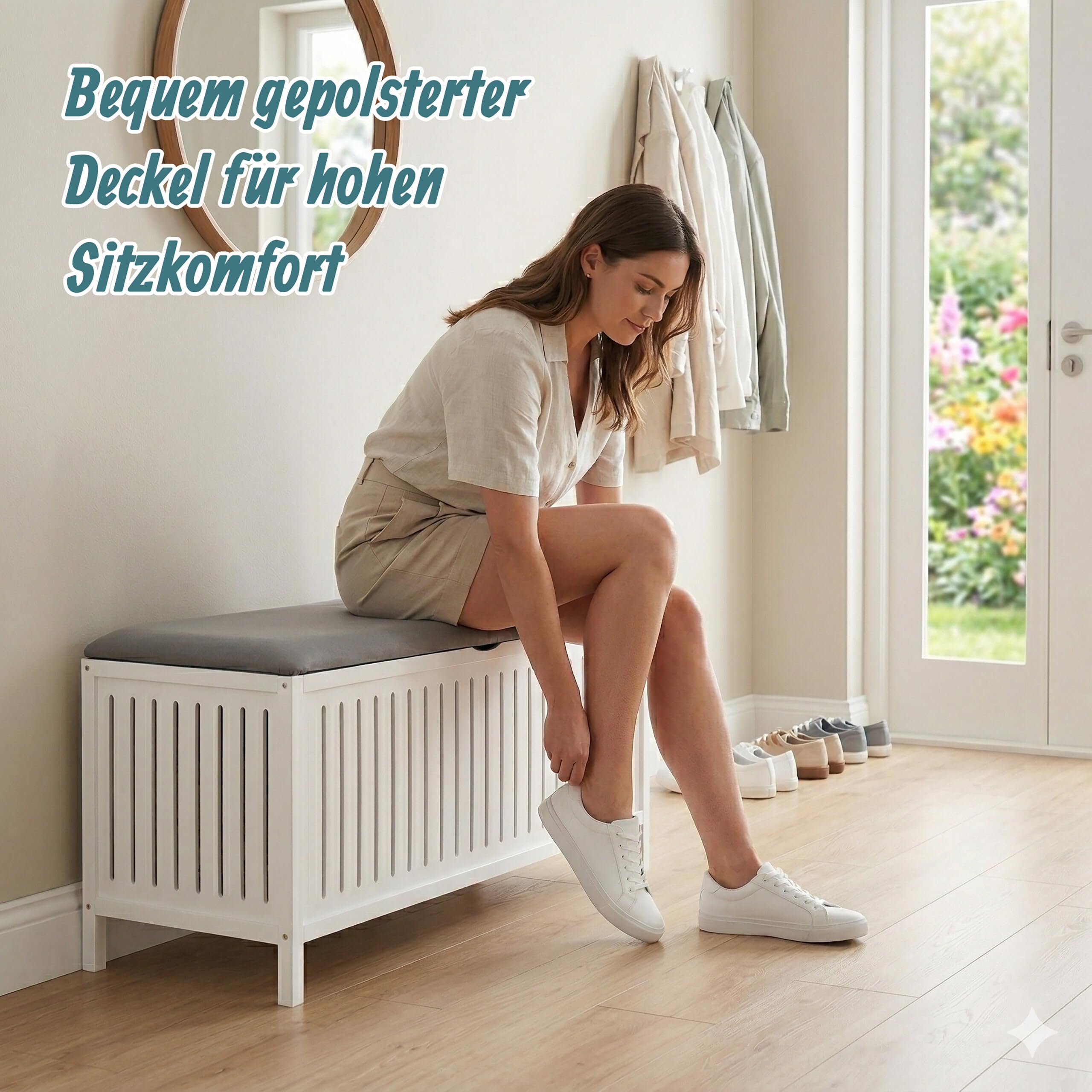 Relaxdays Wäschekorb zum Sitzen, Walnuss, gepolsterter Deckel, HBT: 50 x 100 x 38 cm, Badhocker mit Stauraum, weiß/grau