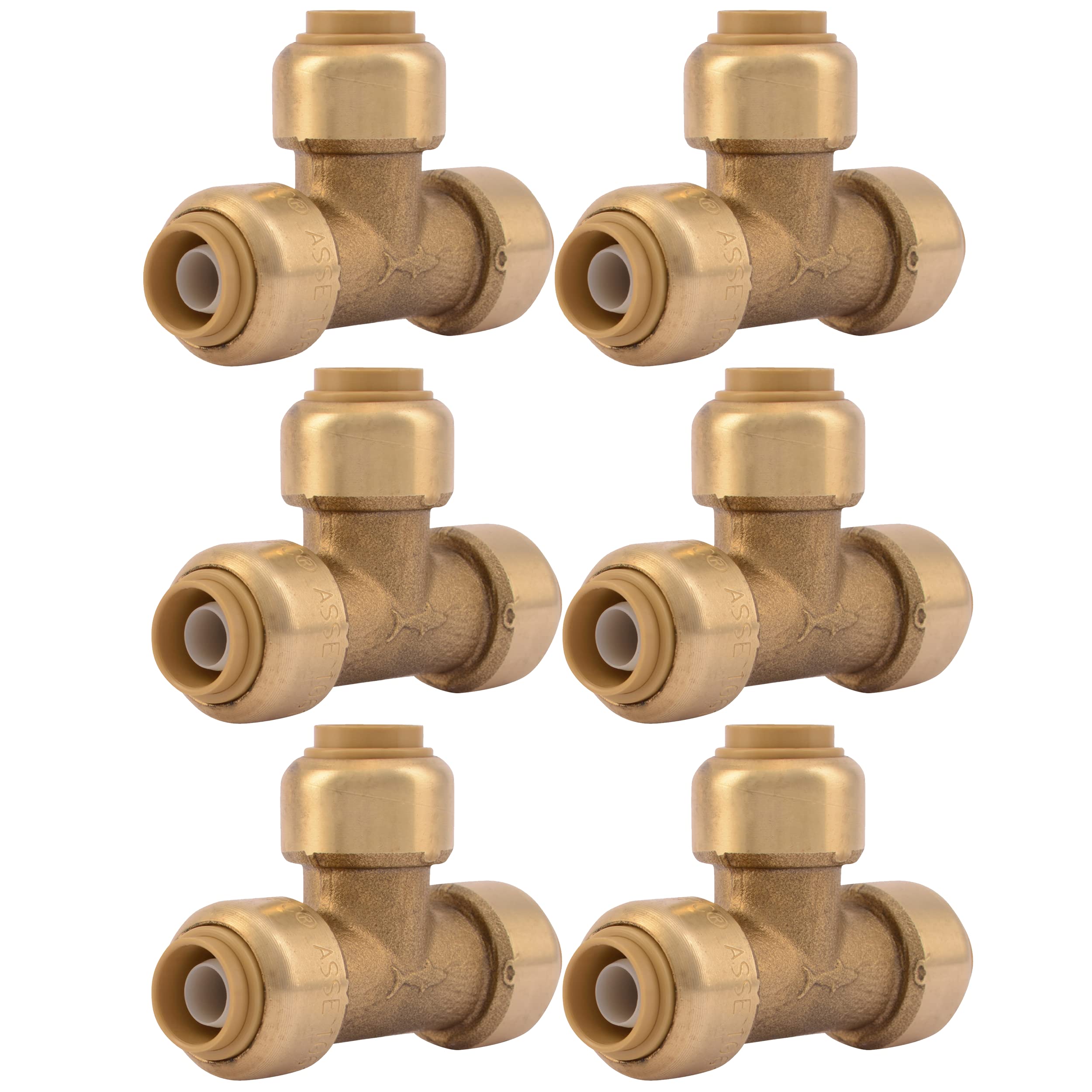 SharkBite T de 3/8 pulgadas (1/2 pulgada de diámetro exterior), paquete de 6, accesorio de fontanería de latón a presión, tubo PEX, cobre, CPVC, PE-RT, HDPE, U360LF