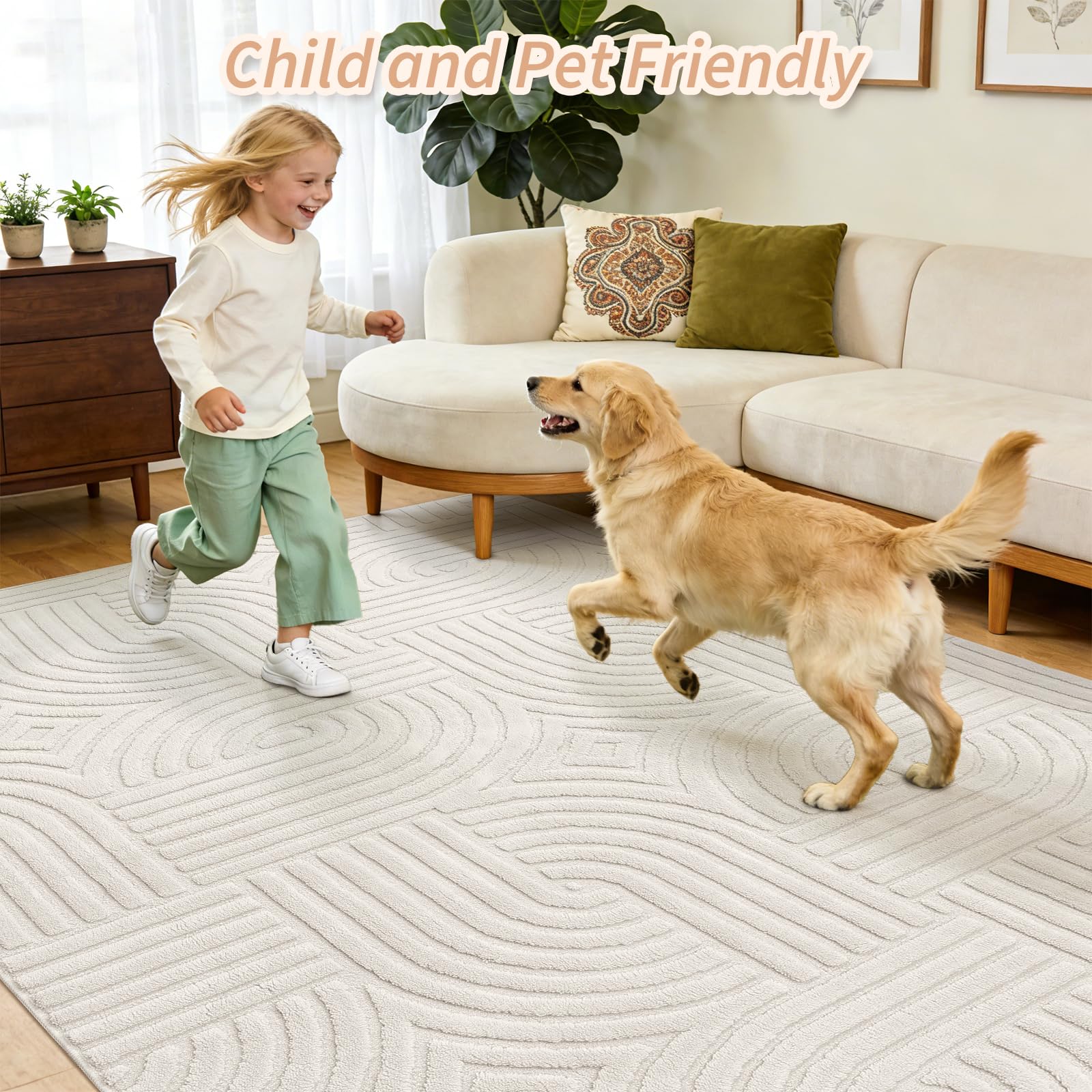Enyhom Machine Washable Rugs for Living Room 140 x 200 cm Non Shedding Area Rugs for Bedroom Soft High Pile Rugs Non Slip Carpet Large Fluffy Rug Carpet Mat for Office Dining Room Lounge Beige - Image 7