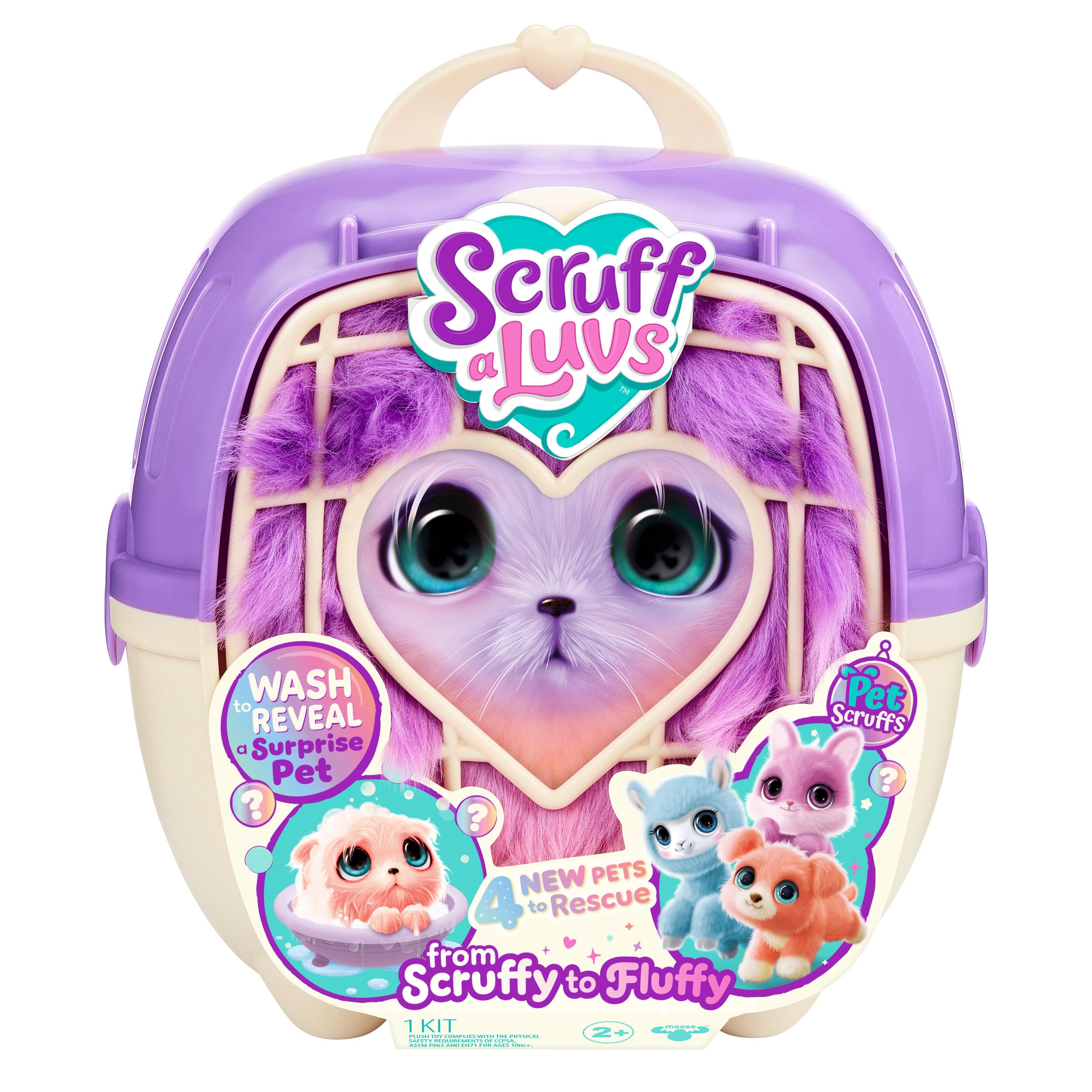 ScruffaLuvs Pet Scruffs - Mystery Plush Toy, 7.5" Tall - Wash to Reveal 1 of 4 Rescue Pets, Puppy, Kitty, Bunny, Llama - Includes 8.7" Deluxe Pet Carrier, Nurturing, Care & Play, Gift for Kids