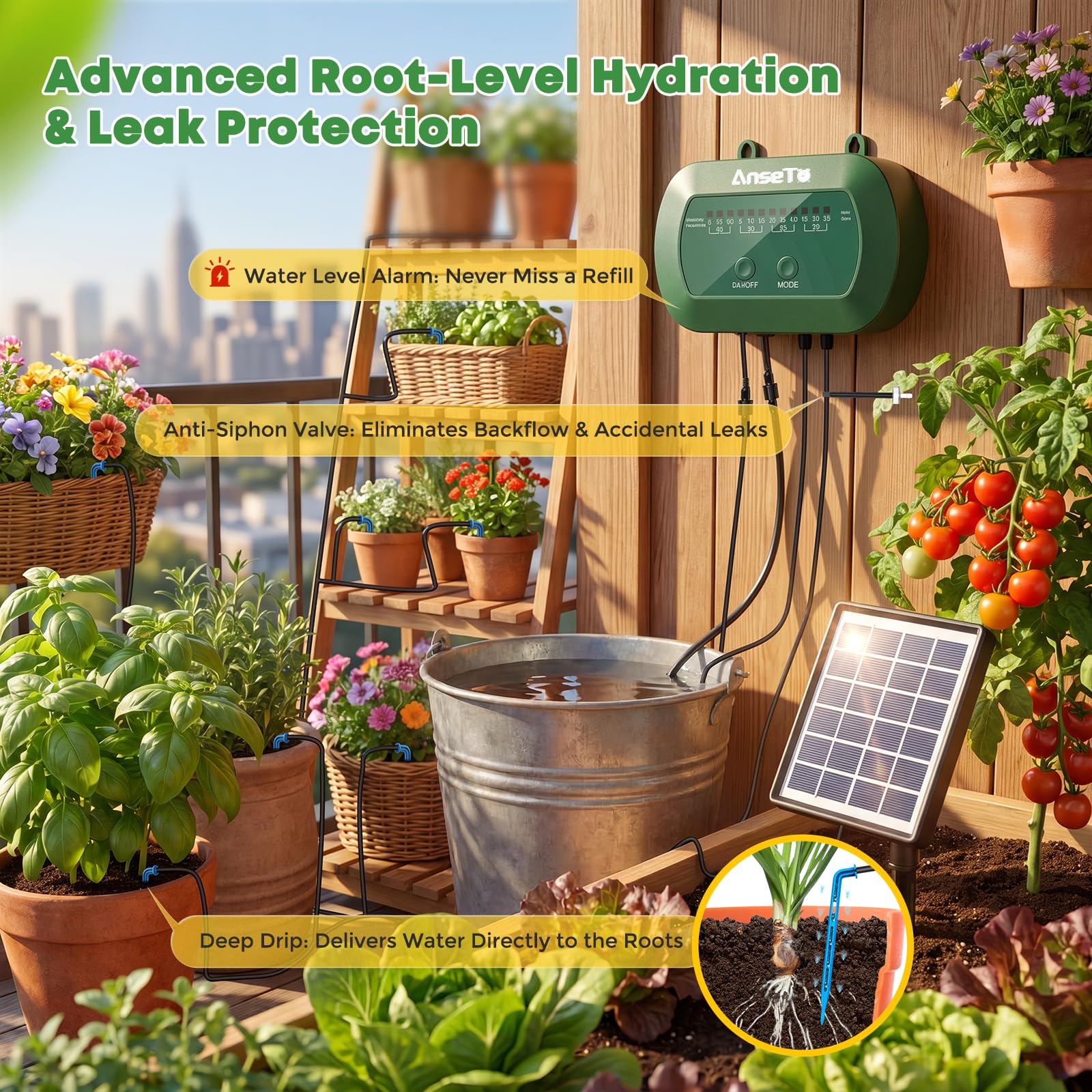 Solar Bewässerungssystem für Balkon Garten Gewächshäuser Automatische Bewässerungssystem Bewässerungscomputer für Pflanzen und Topfpflanzen, Ausgestattet mit 12 Bewässerungsmodi und 15 Tropfern