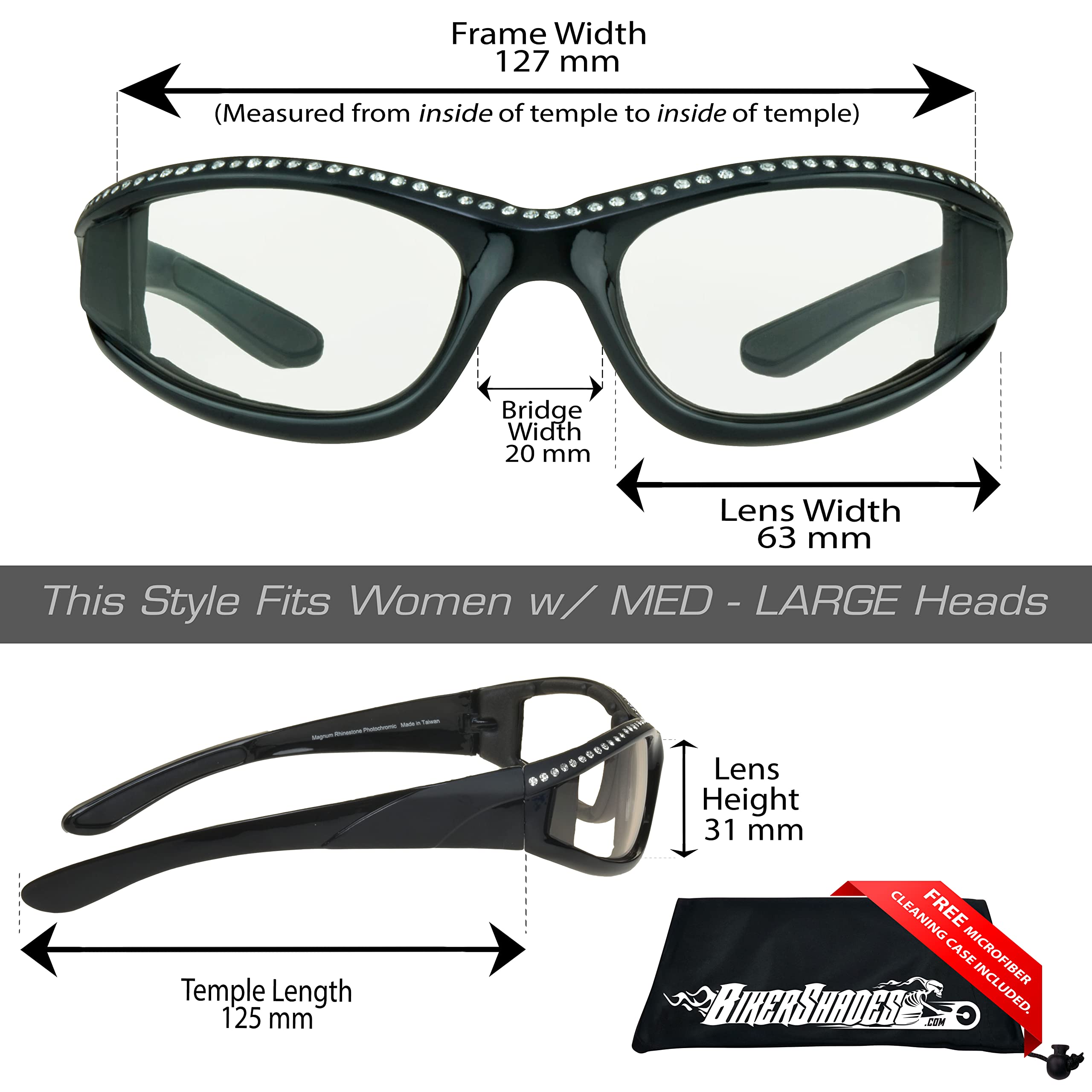Bikershades Rhinestone Womens Motorcycle Biker Riding Glasses Foam Padded Bling Bling Wrap Blocks Wind Dust Clear Lens Black Frame