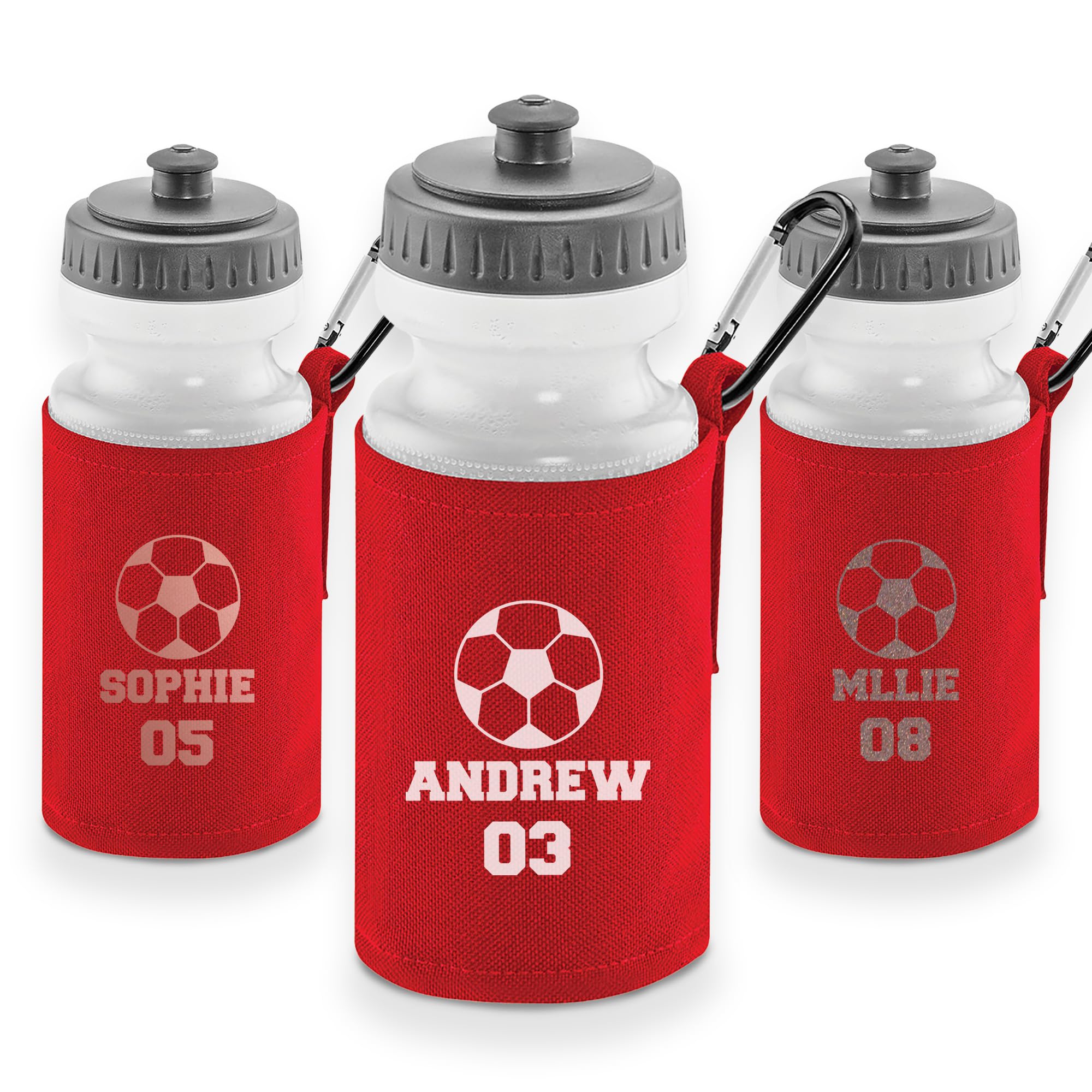 Print Maniacs Personalised Kids Sports Water Bottle with Football Design โ Custom Name and Shirt Number Printed Sleeve โ 500ml BPA Free School Drink Flask with Carabiner โ Gift for Boys & Girls