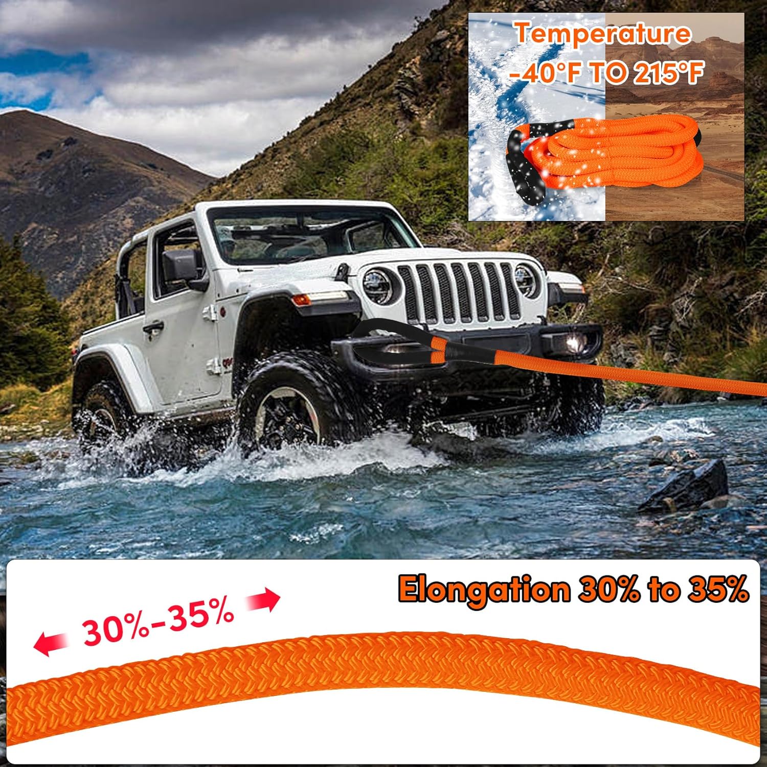 3/4"×20 ft Kinetic Recovery Rope,Orange 19200LBS Offroad Power Kinetic Tow Rope,for Jeep car Truck ATV UTV SUV