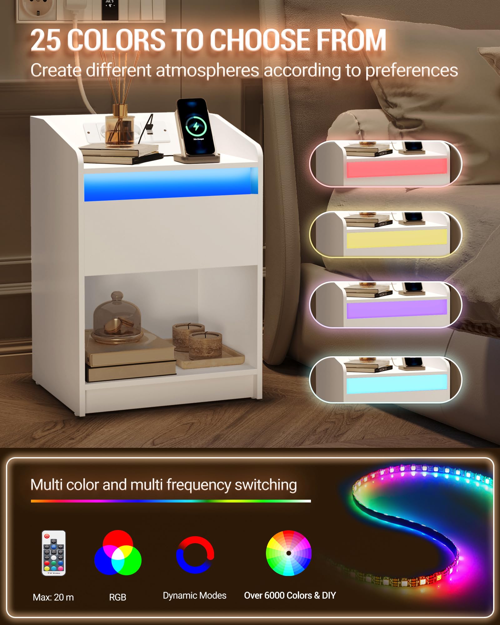 Lot 2 Tables De Chevet Avec 3 Tiroirs – Station Charge 2 Prises + 2 USB – Lumière LED RGB – Blanc – NS40103X