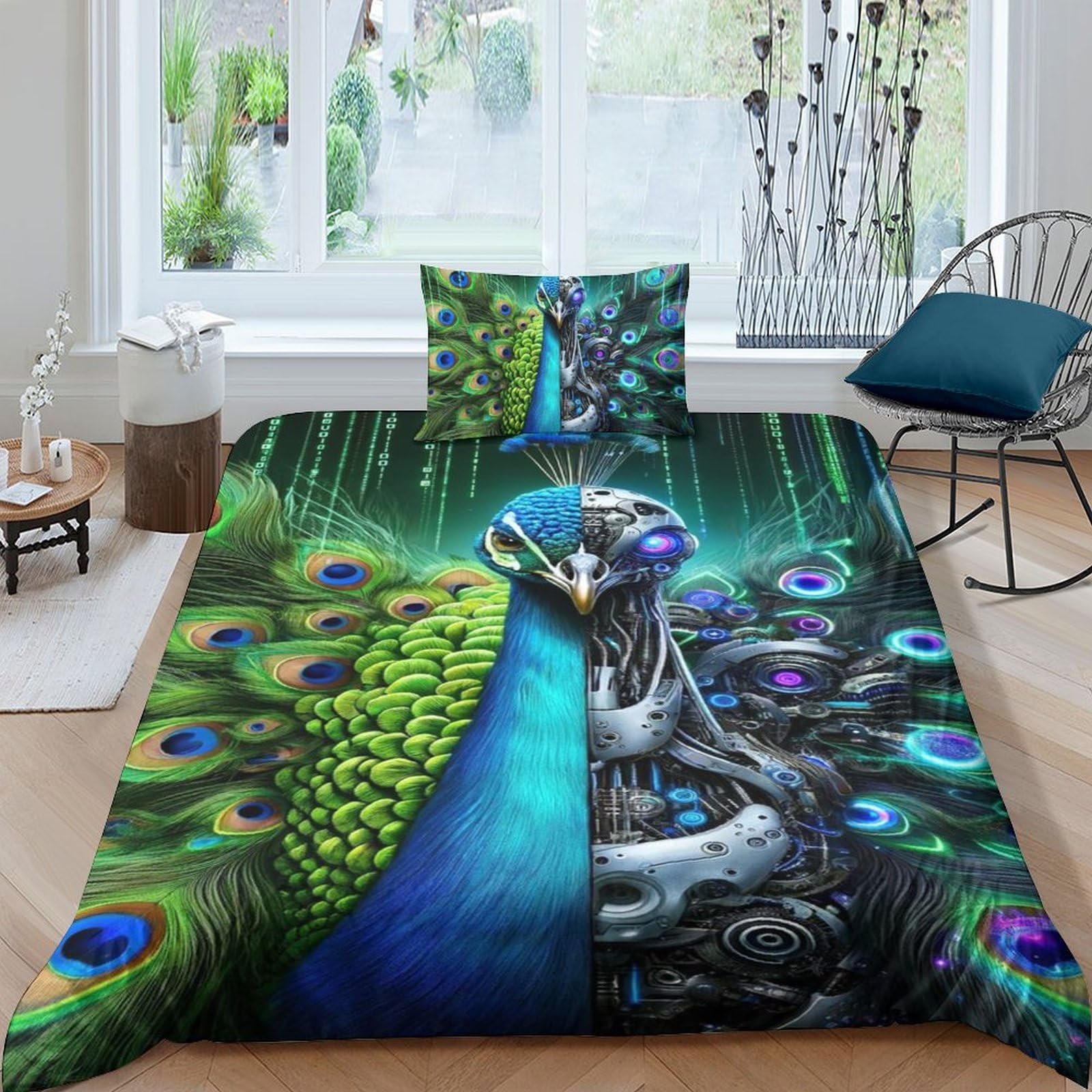 Parure de lit animaux pour chambre d'enfant et ado motif paon 3D