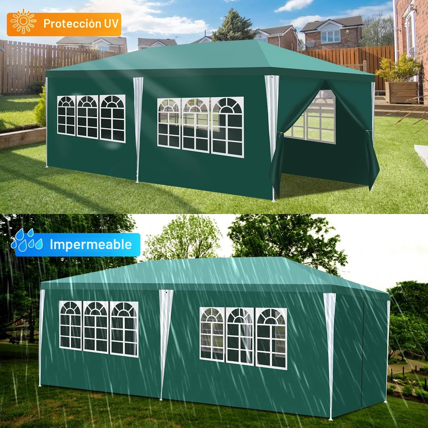Daromigo Cenador impermeable de 3 x 6 m, color verde, para fiestas, protección UV, con paneles laterales y grandes ventanales, estable, resistente al invierno, para bodas, exteriores, jardín, fiestas