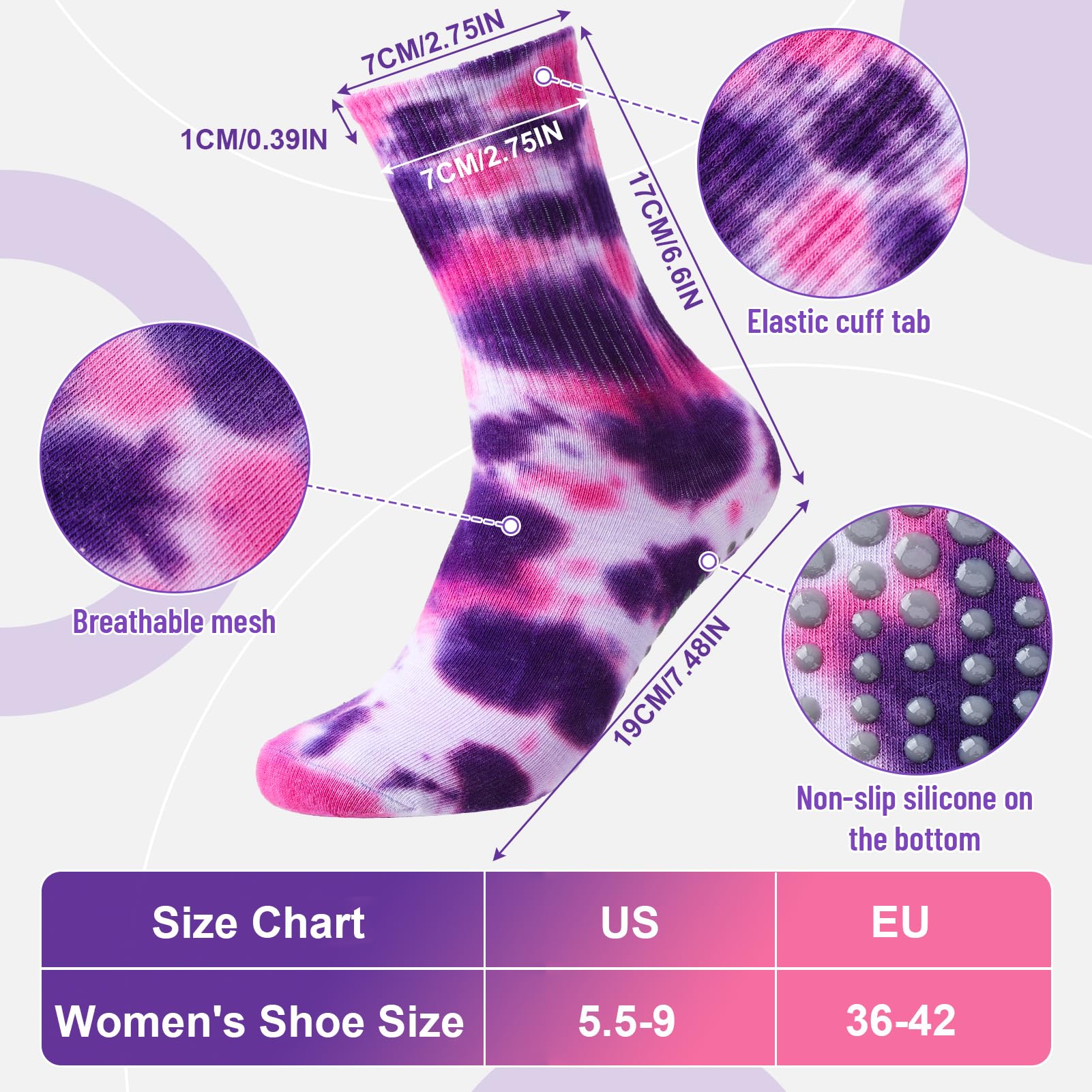 Jspupifip 4 Pairs Women Tie Dye Yoga Socks with Grips Non Slip Grip Crew Socks Colorful Grippy Socks for Pilates Barre Home (Black, Blue, Orange, Purple)