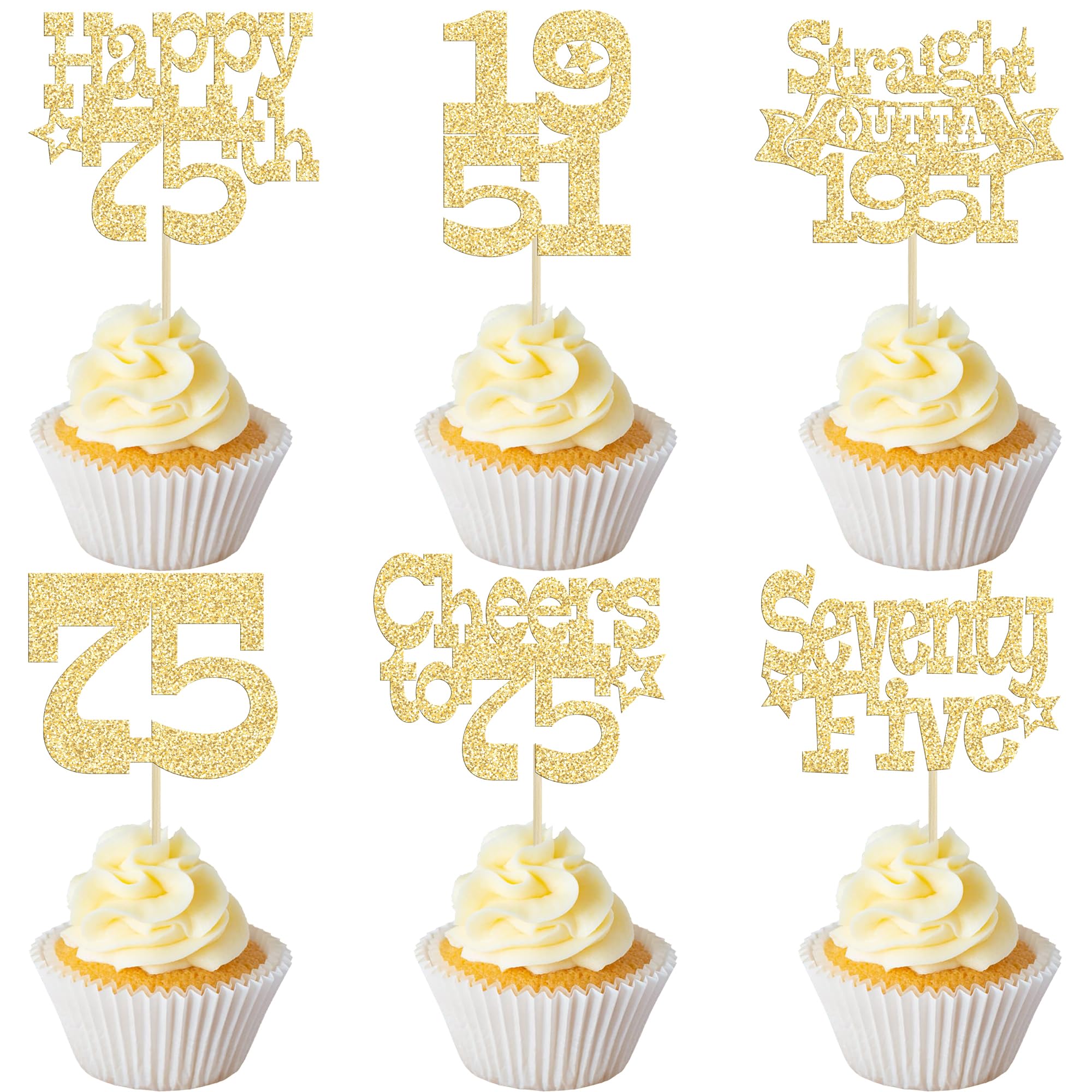 Ephlyn 30Pcs Happy 75th Birthday Cupcake Toppers Glitter Seventy Straight Outta 1951 Cupcake Picks Cheers to 75 Years Cake Decorations for Happy 75th Birthday Anniversary Party Supplies Gold