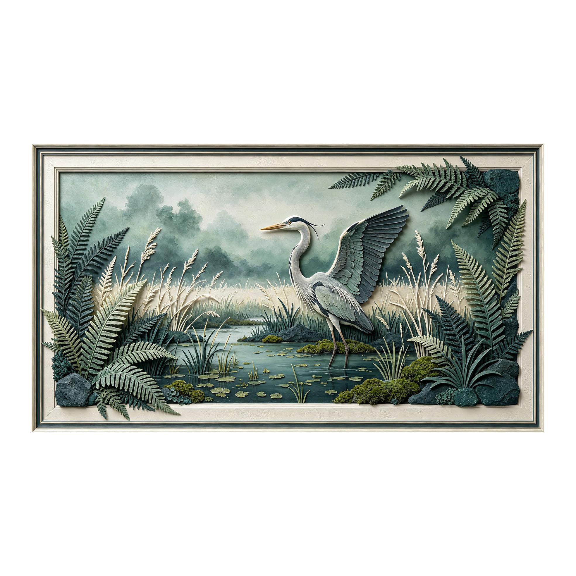 Yzpallescene 3D 3D Framed Wall Art 50cm×90cm Heron Pond Landscape Botanical Nature Oil Painting Large Size SelfAdhesive Removable Wall Decor Prints Artwork for Living Room Bedroom Office