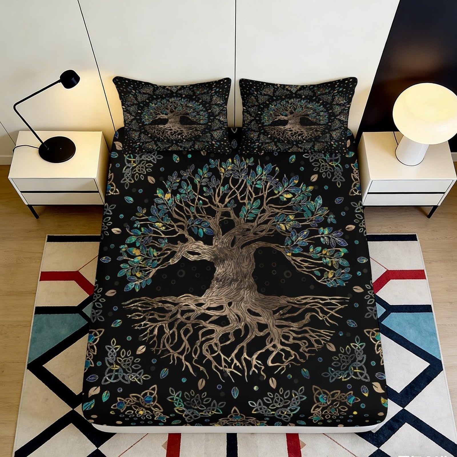 3D Printed Tree of Life Fitted Sheet Microfiber Black Boho Roots Mattress Cover for Bedroom Guest Room Decor 90x200x25cm
