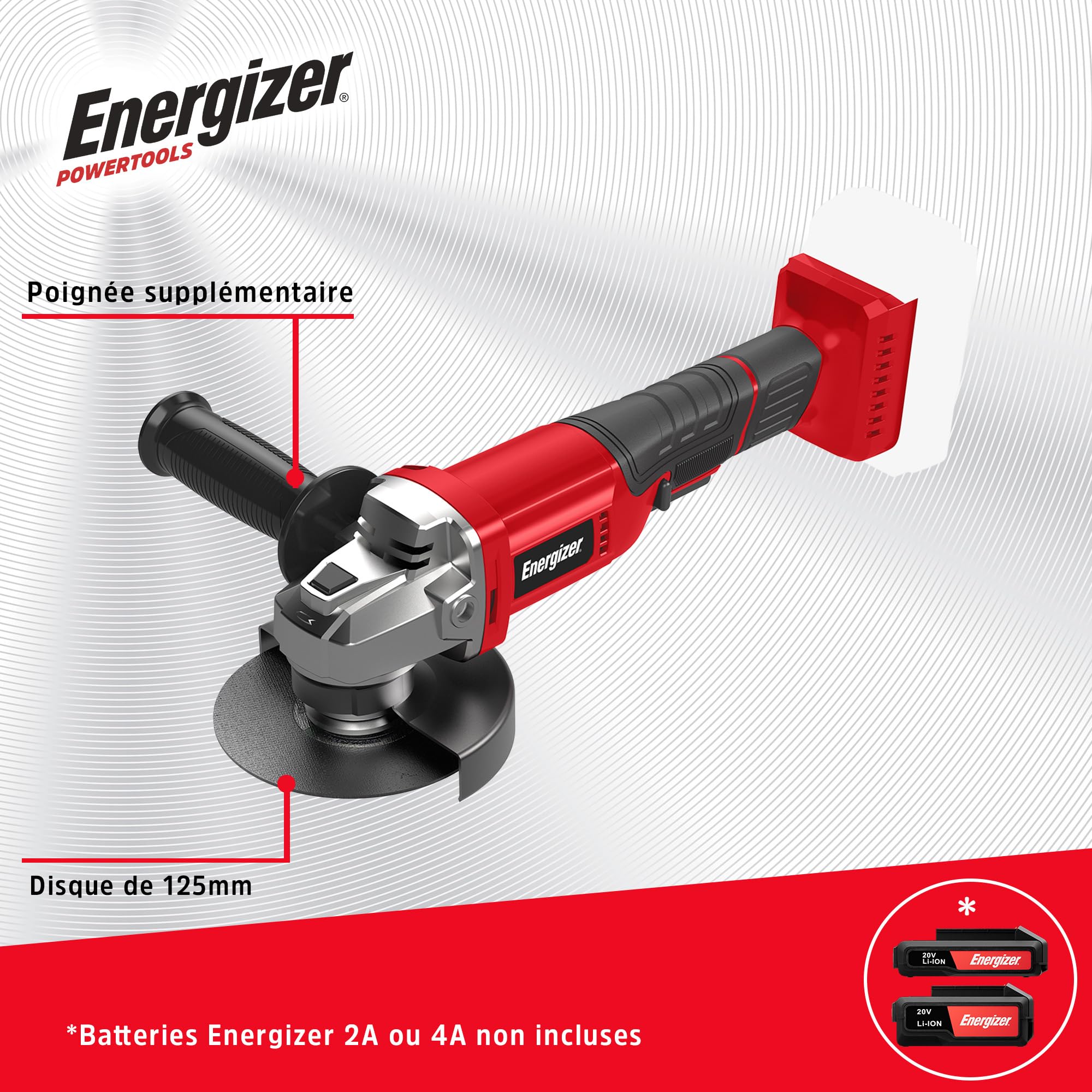 Energizer Smerigliatrice angolare senza fili 20 V – 8000 RPM, disco 125 mm, alloggiamento di protezione, interruttore di sicurezza, batteria 20 V e caricatore inclusi