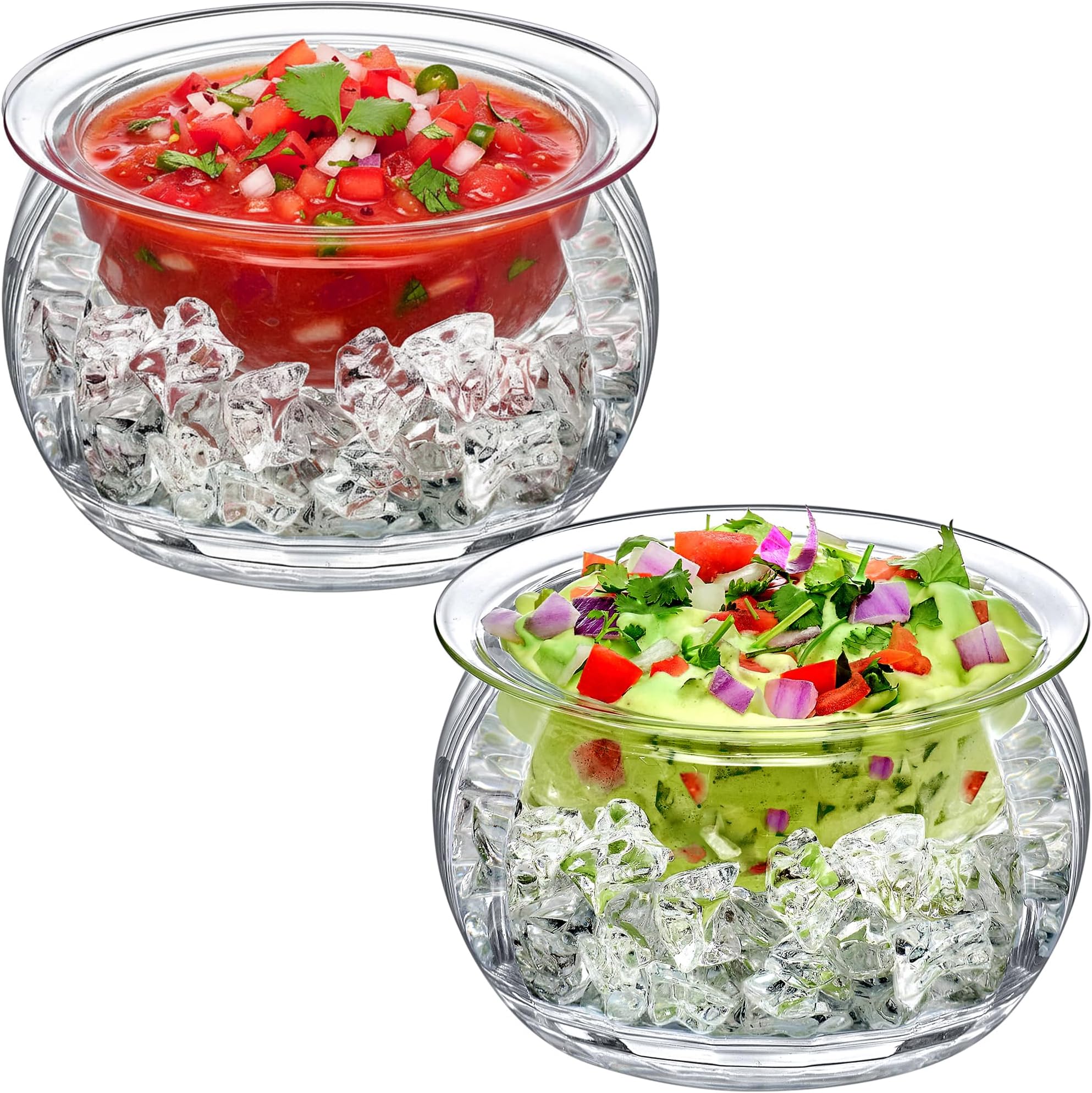 Ice Bed - Acrylic Chilled Dip Server Bowl with Ice Chamber (2-Pack), Clear Plastic Iced Serving Bowl, Keeping Dips and Condiments Cold and Fresh for Party, Picnic, Outdoor Dining