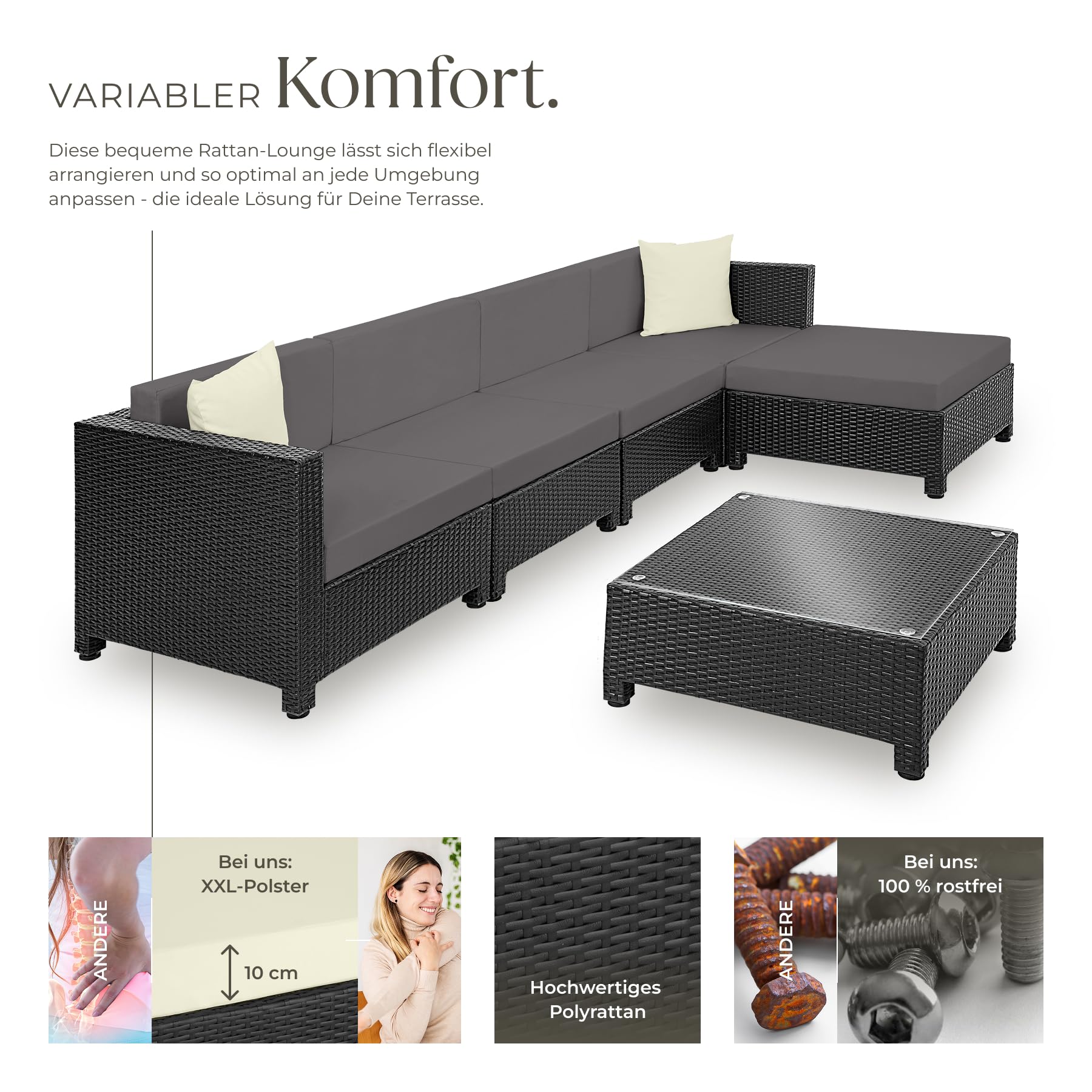 tectake Gartenmöbel Set, Lounge aus Poly Rattan und Aluminium, Balkon Möbel Set mit 10 cm Polsterung und Kissen, ideal für Garten und Balkon, inkl. 2 Sessel, 2 Ecksessel, 1 Tisch, 1 Hocker - schwarz