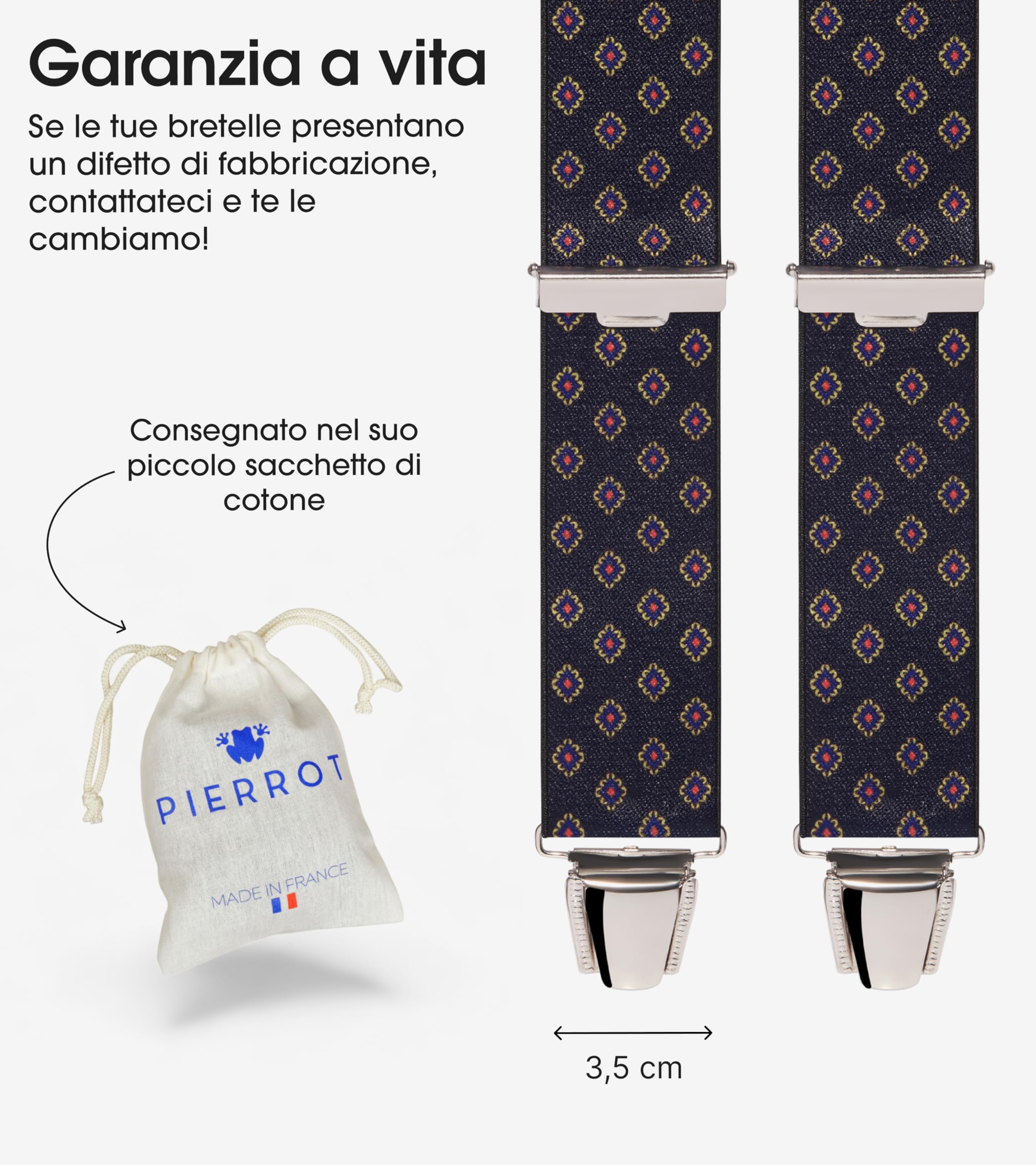 Pierrot Bretelle Uomo Larghe Vintage - Clip molto forti Regolabili Fino A 130cm - Bretelle Uomo Eleganti Artigianali Garantite A Vita