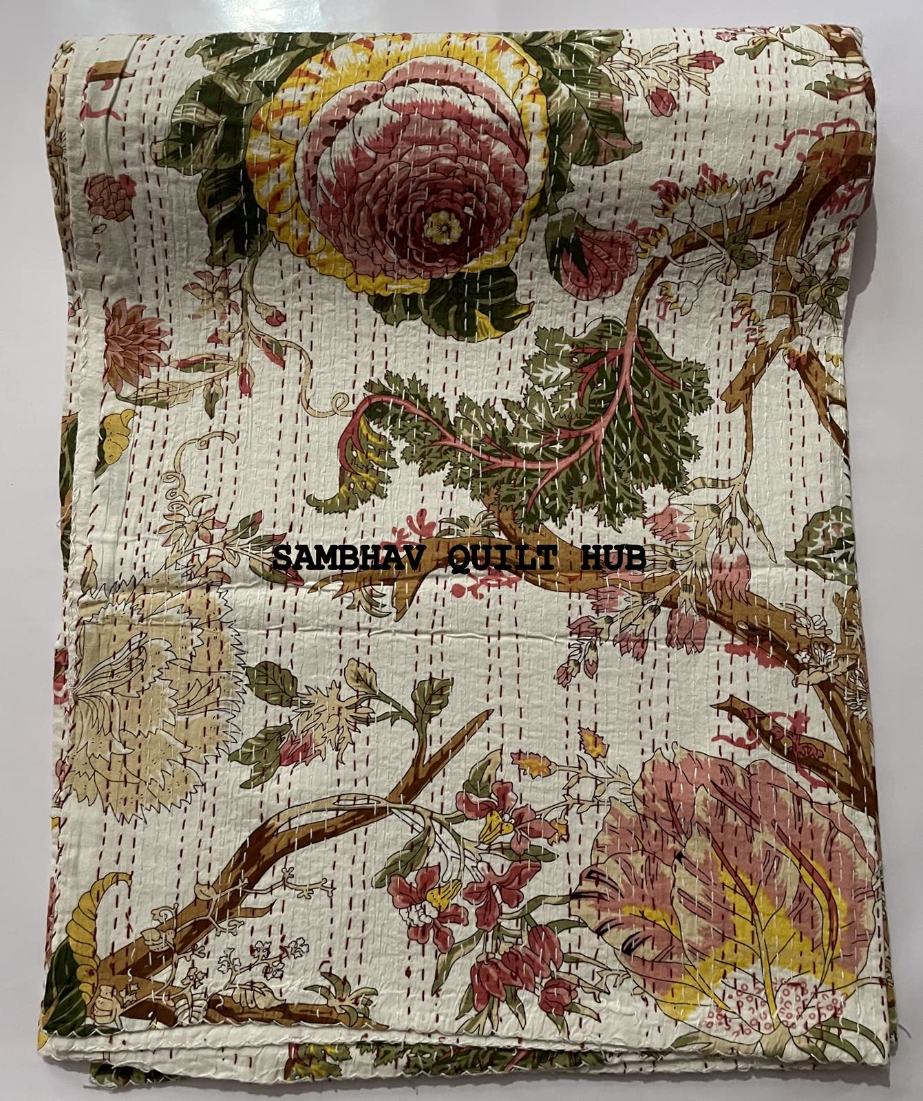 Blok ręczny kwiatowy nadruk ręcznie wykonany blok bawełniany Kantha pikowanie pościel boho narzuta koc hipisowska królowa / king size bohema kwiatowa kołdra Kantha (biała 2, 60 x 90