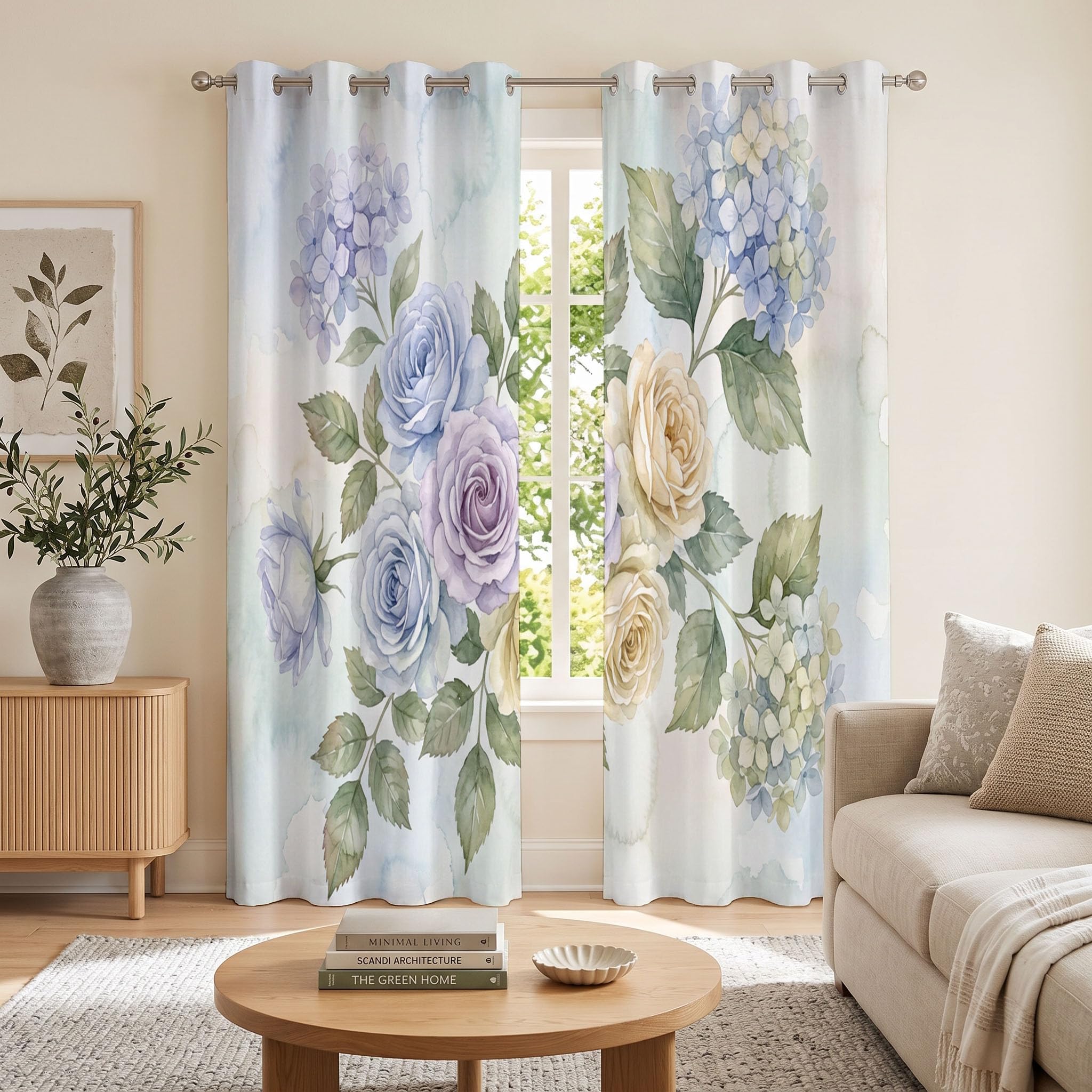 Verdunkelungsvorhänge mit Frische Aquarellblumen, 2 Paneele, Rosenhortensie, Vorhänge für Schlafzimmer, Wohnzimmer, lichtblockierende Thermovorhänge, Hellblau, 137 x 117 cm