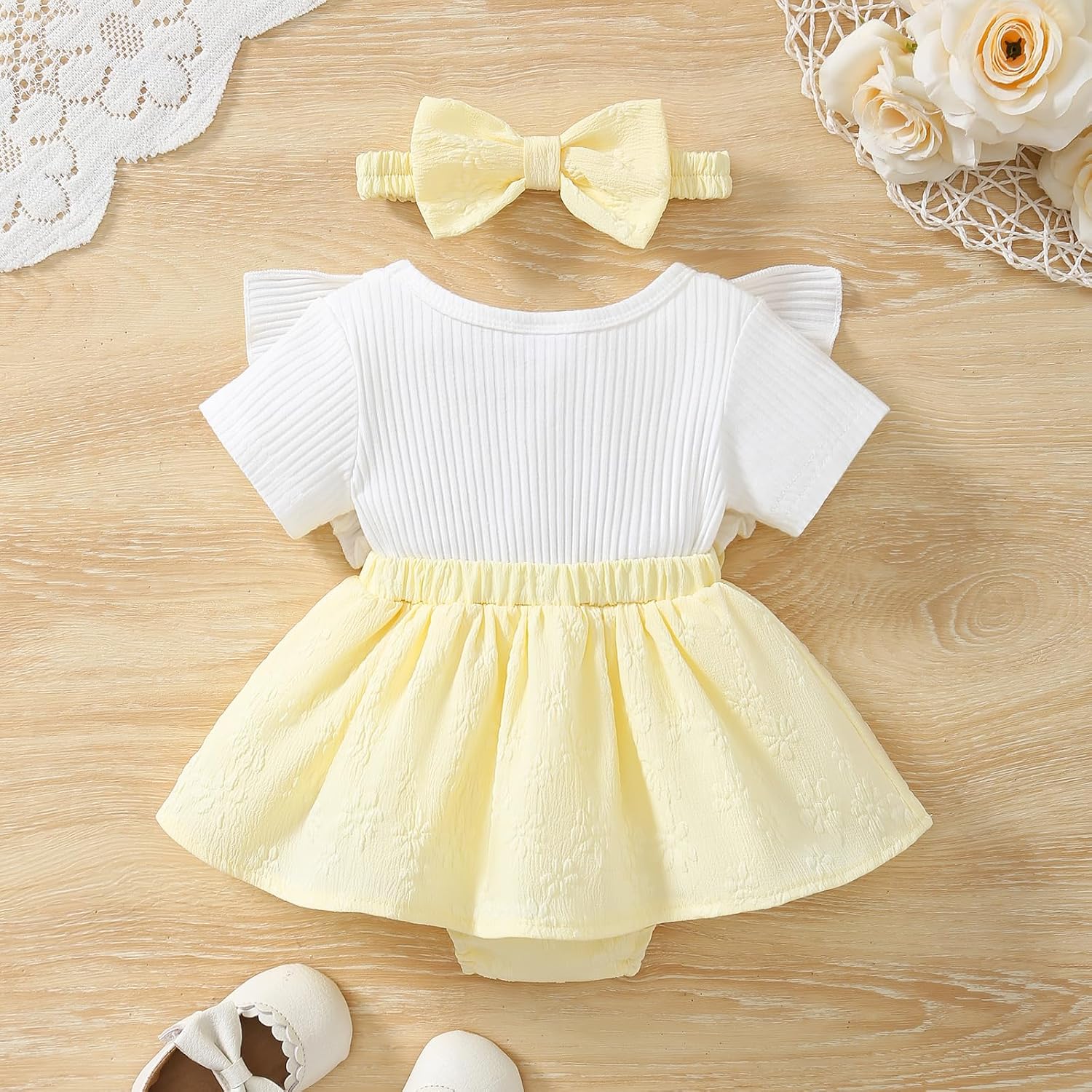 Baby Girl Romper Dress Ruffle Sleeve Bow Headband Two Piece Set image 4