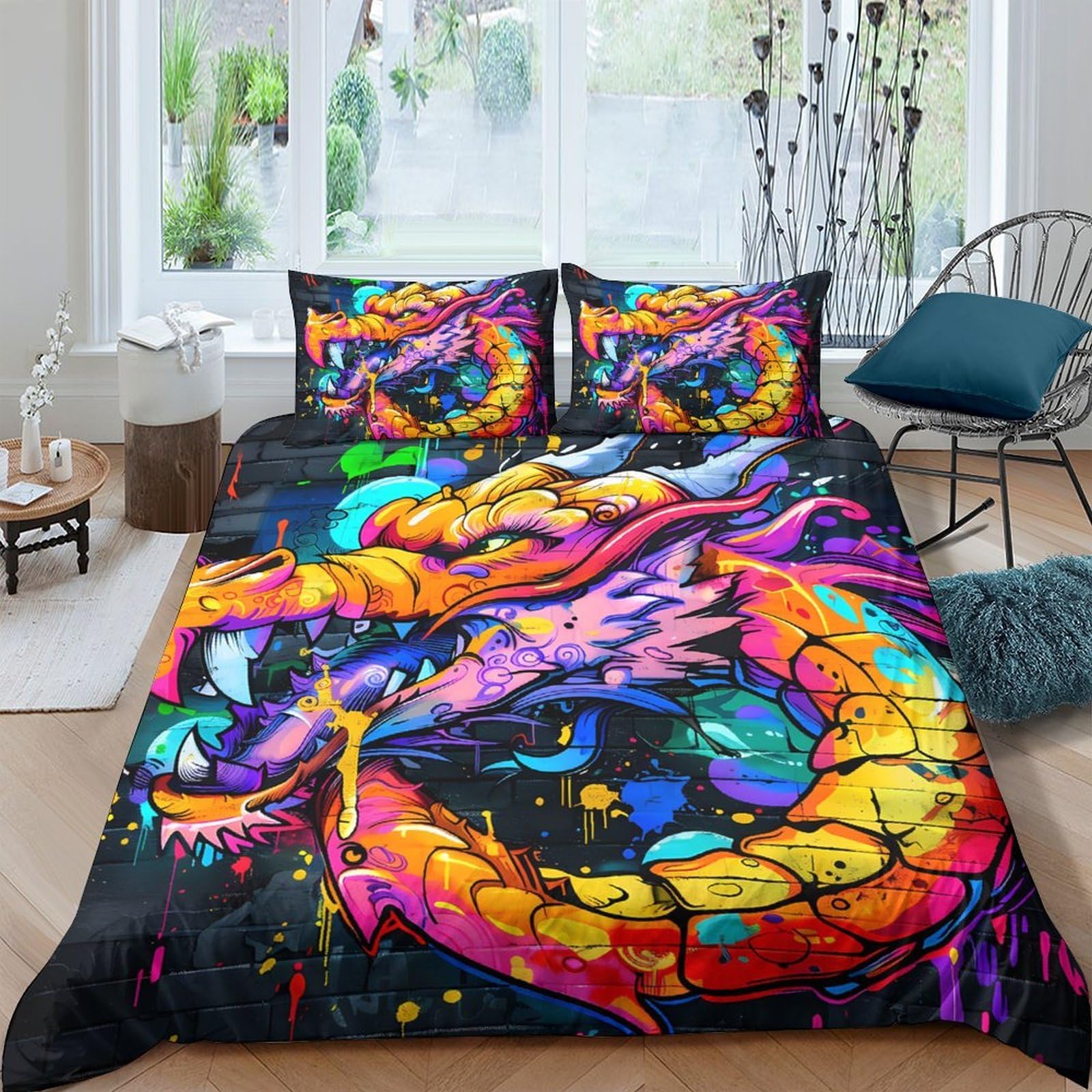 Ctjqhvkz Style-1 3D Printed Colorful Dragon Fitted Sheet Microfiber Vibrant Artistic Bed Cover For Bedroom Guest Room Mattress Protection Decor Single（135X200cm）