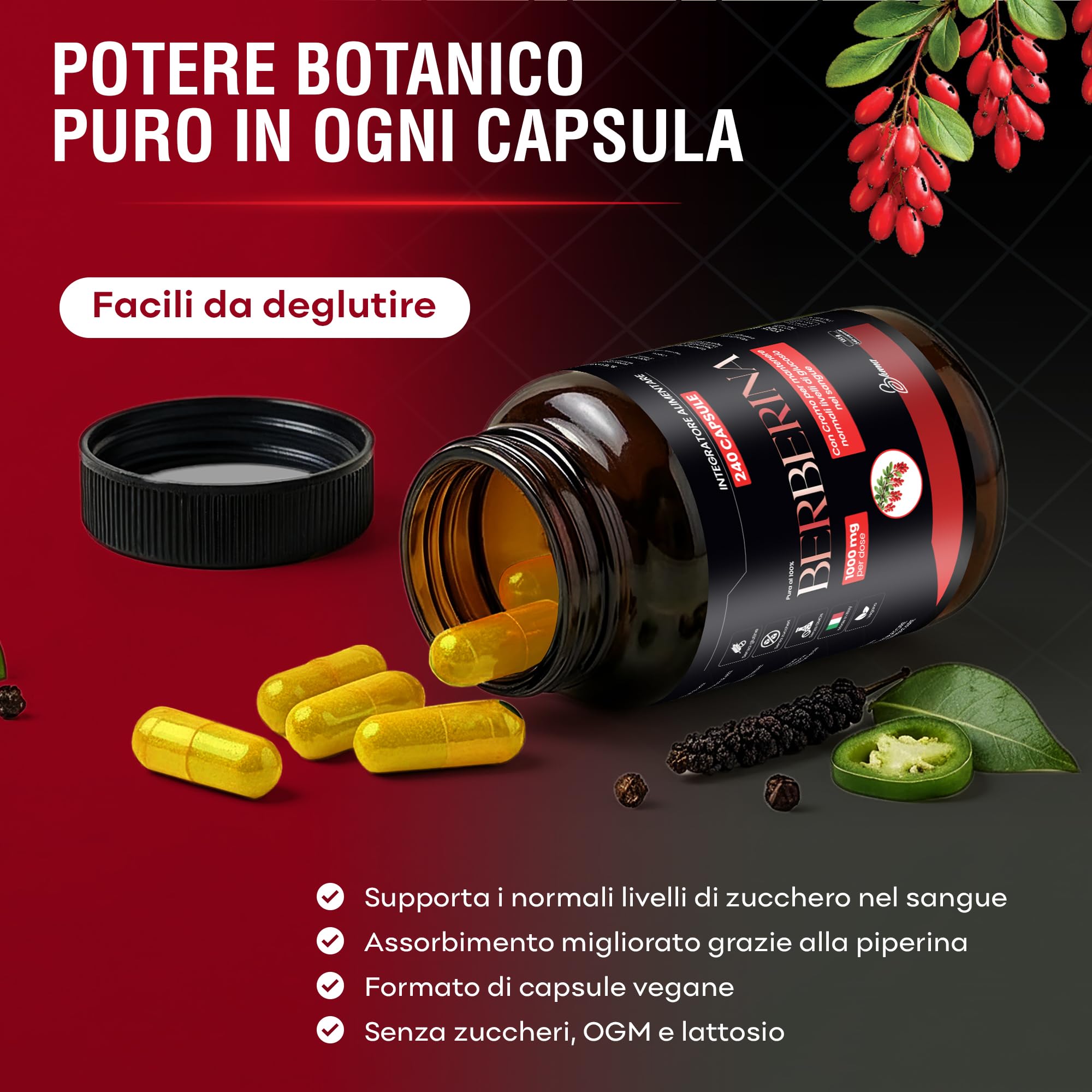 Berberina 1000mg Pura – 240 Capsule Vegane (4 Mesi) – Berberis Aristata 98% con Pepe Nero e Cromo – Supporto Metabolismo dei Macronutrienti e Livelli di Glucosio – Integratore Naturale Alto Dosaggio - 4