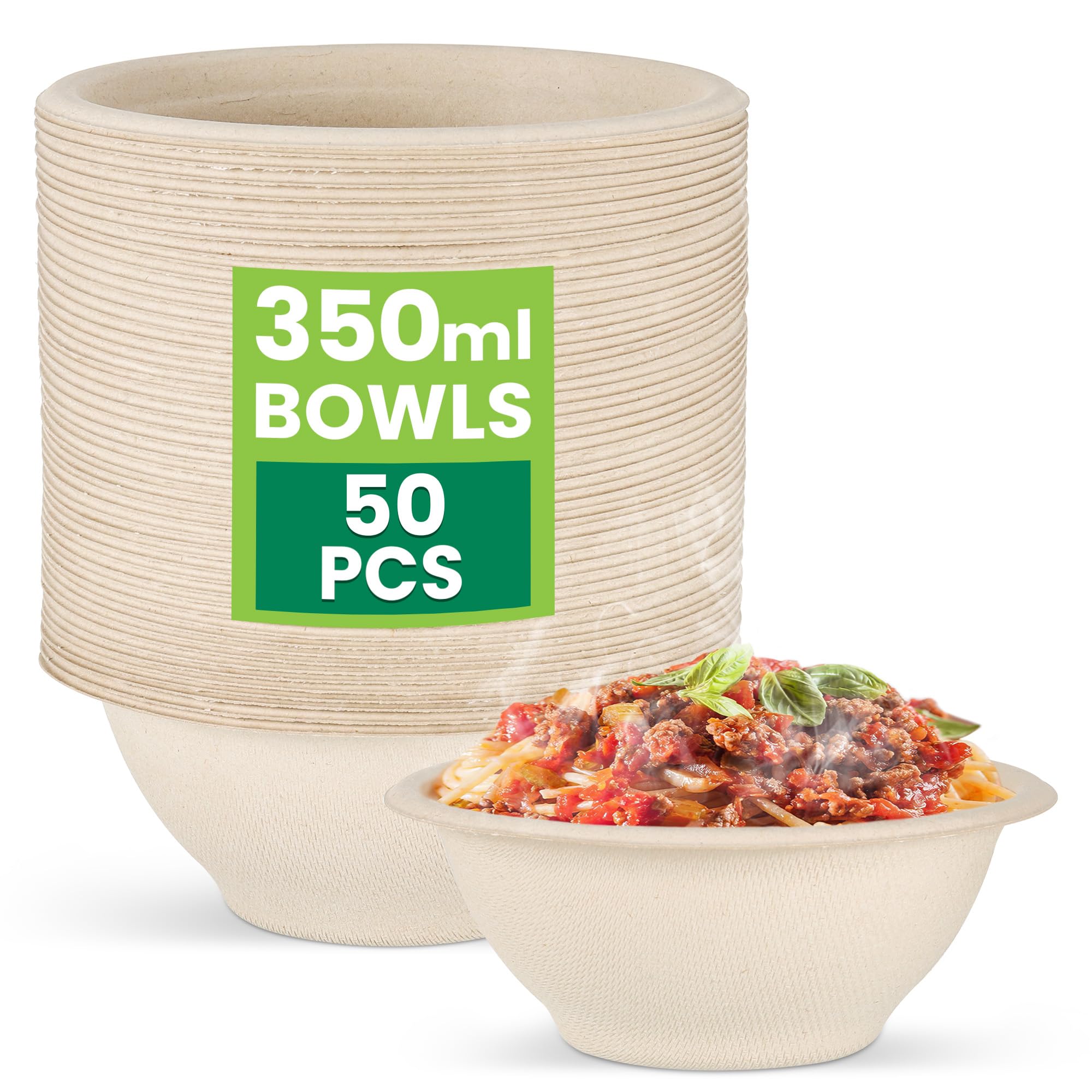 Hejo 50 Stück Pappschalen, 350 ml Suppenschalen, Geschirr Schalen Kompostierbar, Braun Pappschüssel aus Zuckerrohr Zellstoff für Party, Picknick