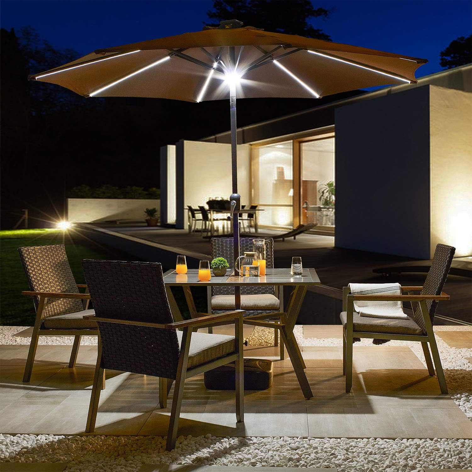 Festival Depot 8.8 FT Solar Patio Outdoor Umbrella with LED Lighted 360°Rotation Adjustment Tilt and Crank Outdoor Market Umbrella (8.8 FT Patio Umbrella and Base Coffee)