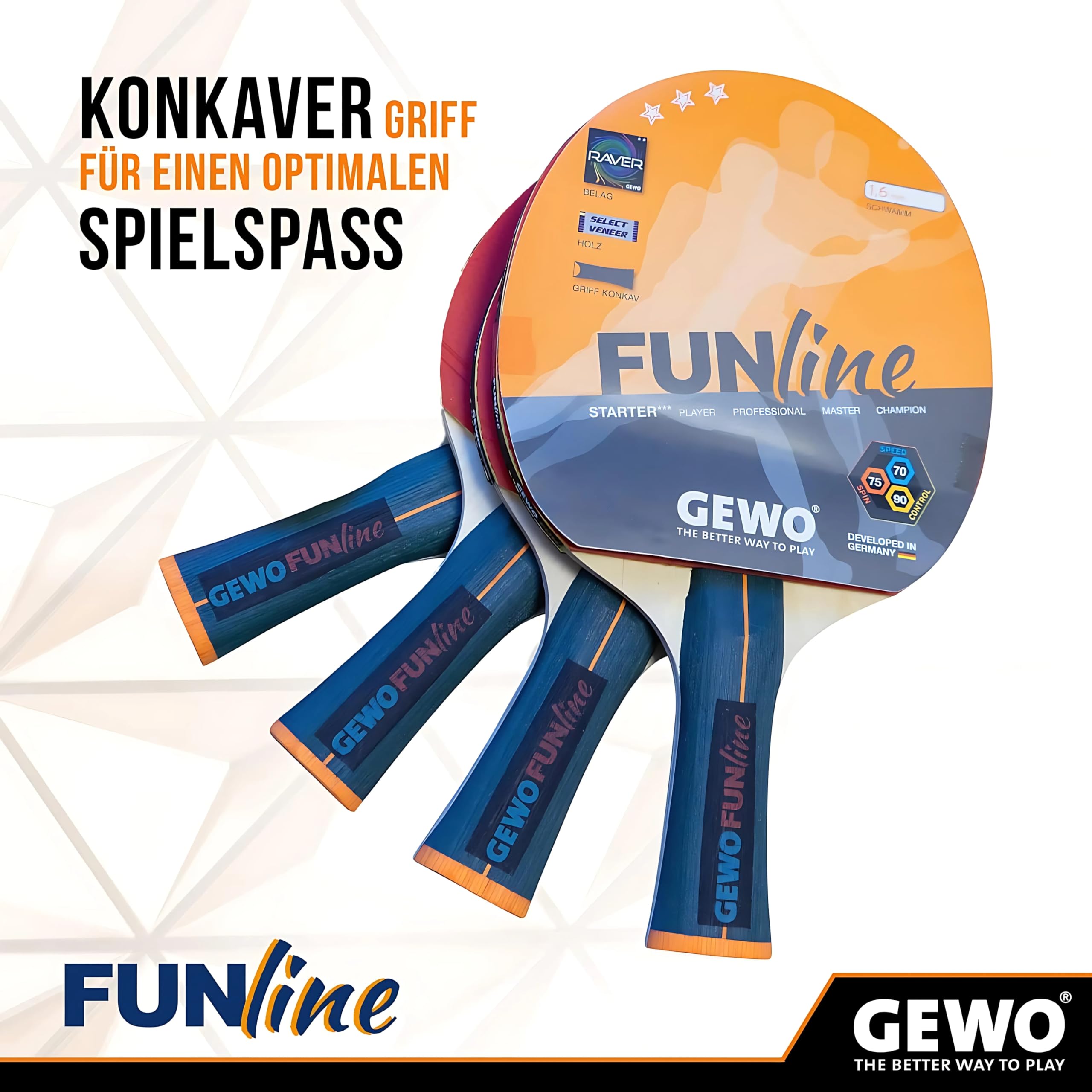 GEWO Family & Friends Tischtennisschläger-Set - 4 Tischtennisschläger für Hobby und Freizeit mit 8 TT-Bällen und praktischer Aufbewahrungstasche - Komplettschläger mit Raver Belag, Griff konkav