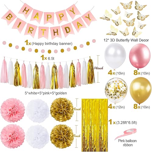Miniatura 3 de Decoraciones de fiesta de cumpleaños rosas y doradas para mujeres con pancarta de feliz cumpleaños cortinas pared de mariposa guirnalda de puntos